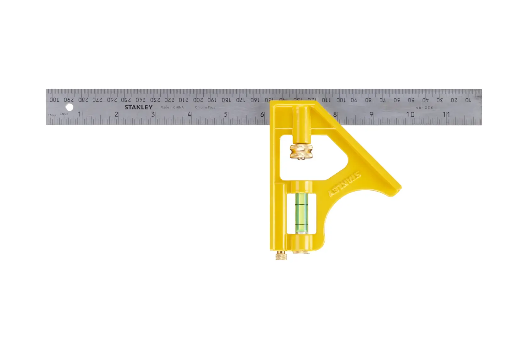 STANLEY 2-46-028 combination square with yellow handle and stainless steel ruler, front angle.