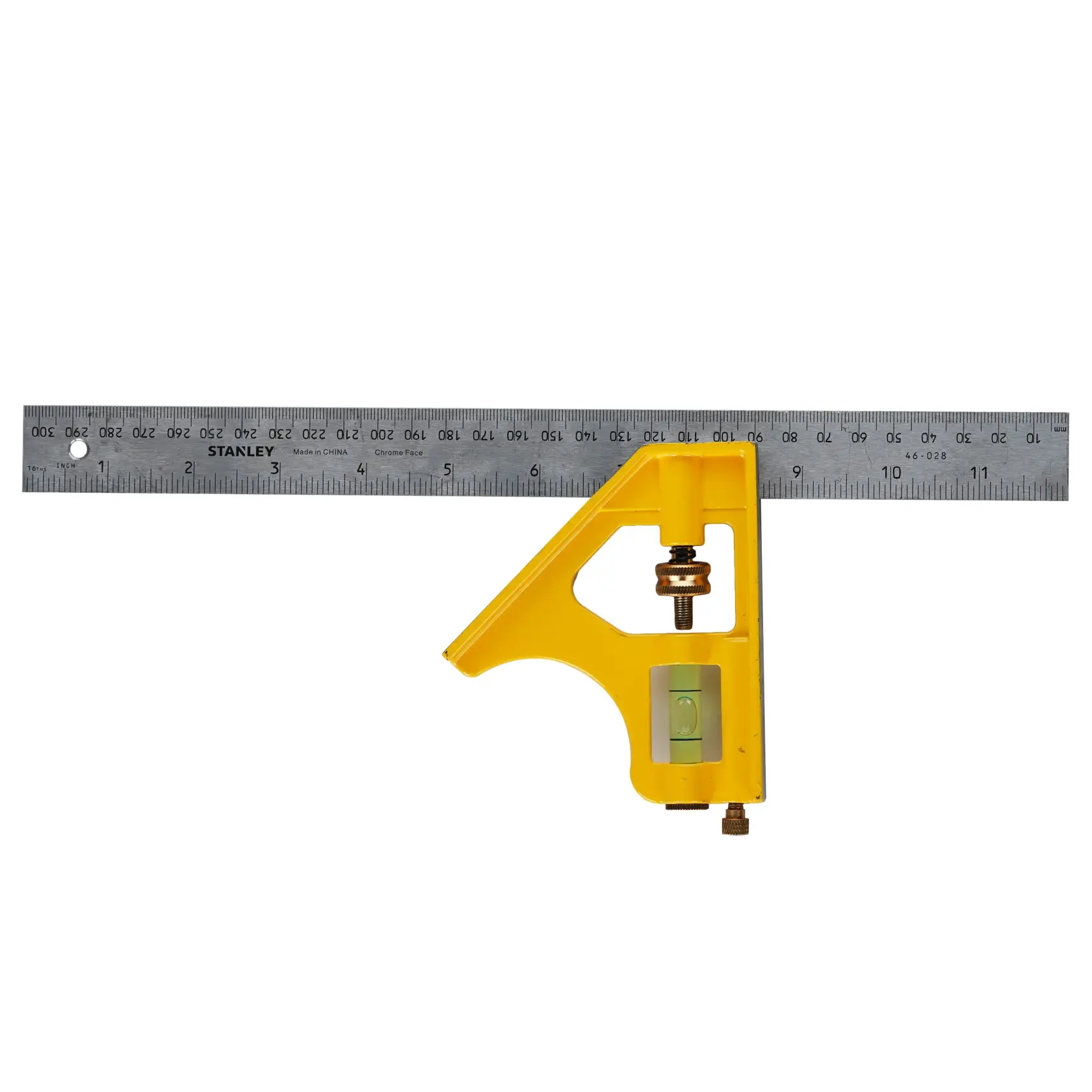 STANLEY 2-46-028 combination square with yellow handle and steel ruler, front angle photo.