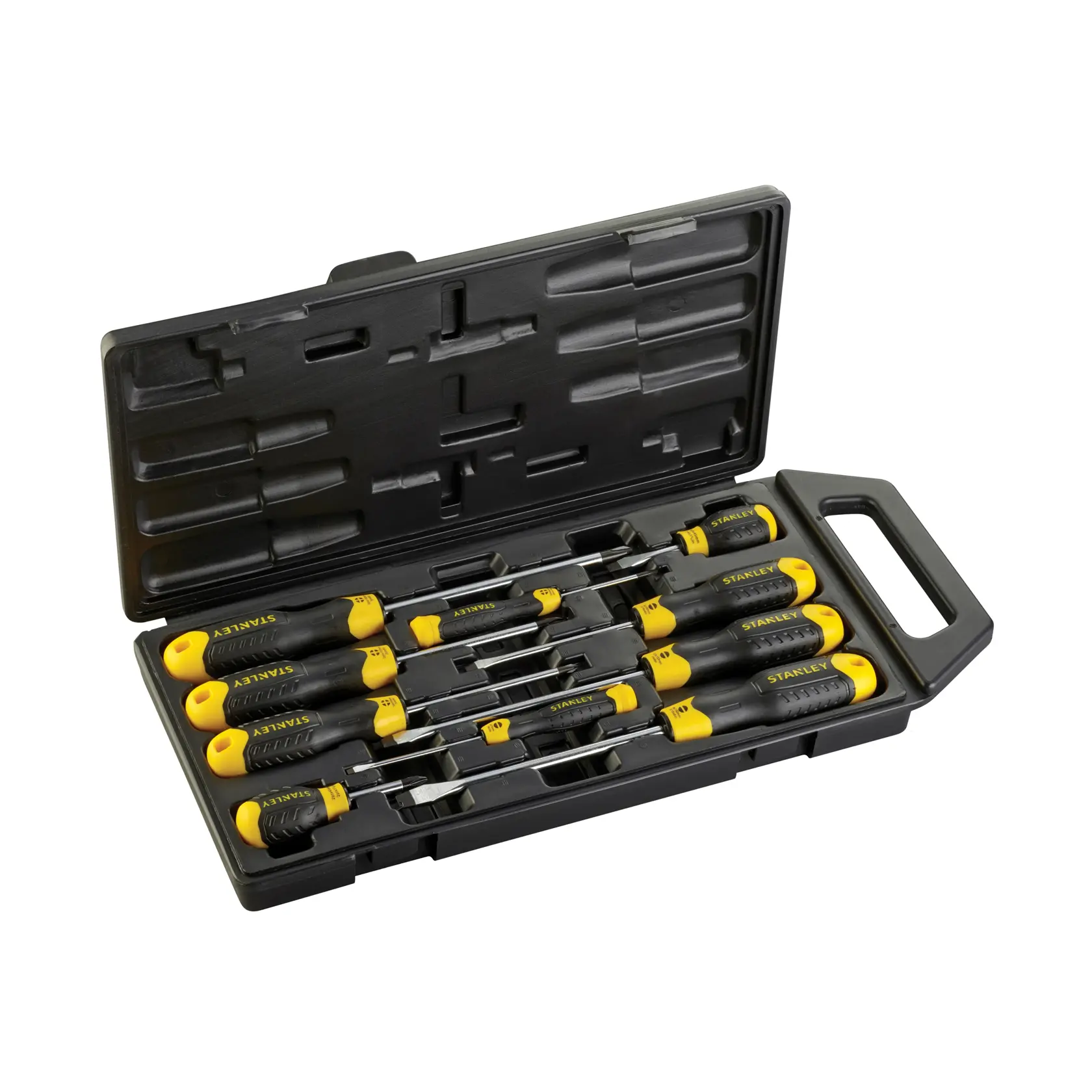 STANLEY 2-65-005 screwdriver set in black and yellow handled case, viewed from above on white background.