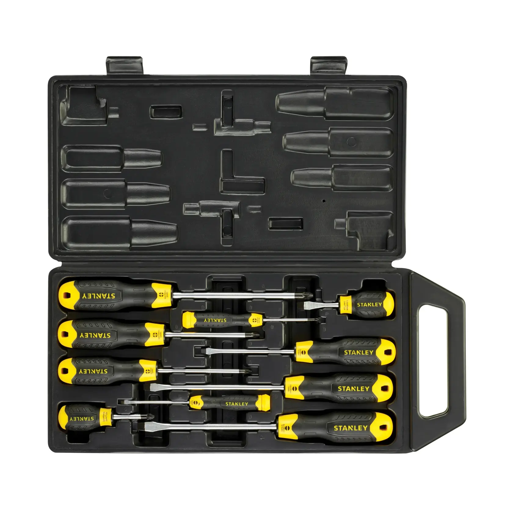 STANLEY 2-65-005 screwdriver set in black plastic case, top-down view, yellow and black handles.