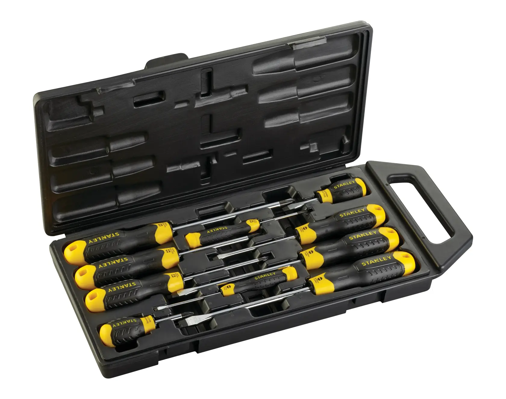 STANLEY 2-65-005 screwdriver set with black and yellow handles in a hard plastic storage case, angled view.