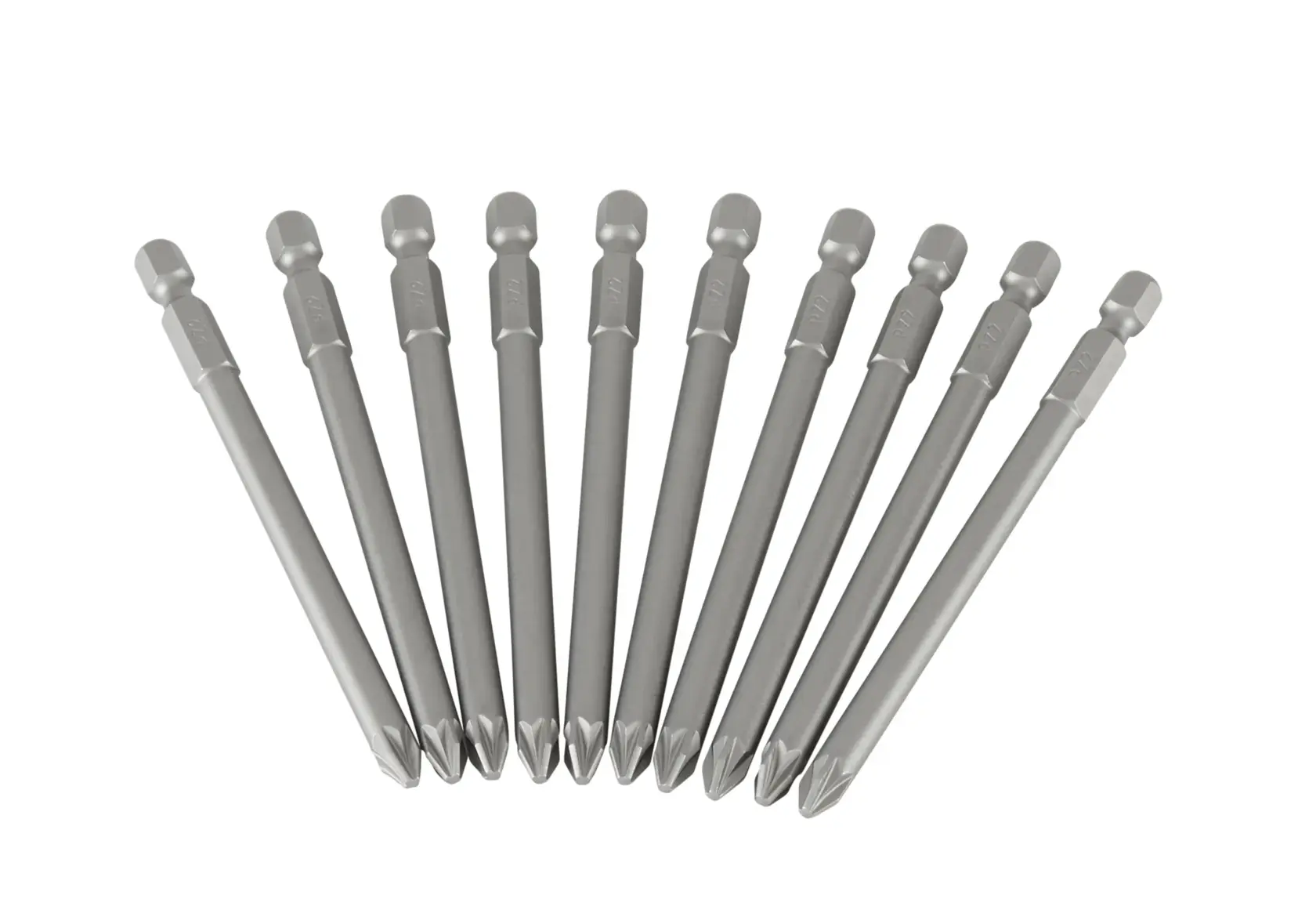 STANLEY 3-68-807 ten-piece Phillips screwdriver bit set, silver, flat lay on white background.