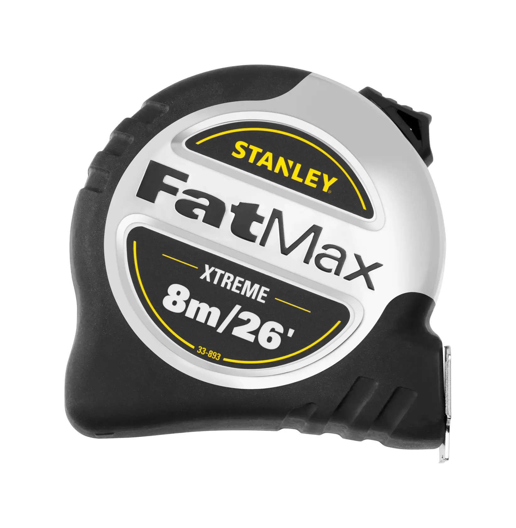 Stanley FatMax Xtreme tape measure, 8m/26ft length, black and silver casing.