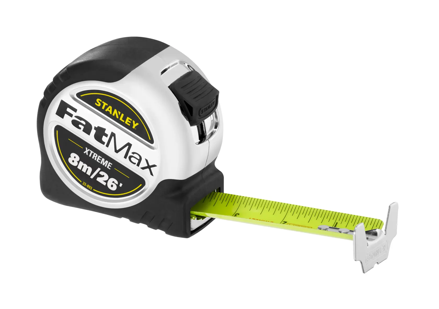 Stanley FatMax Xtreme tape measure, 8m/26ft length, black and silver housing with yellow blade.