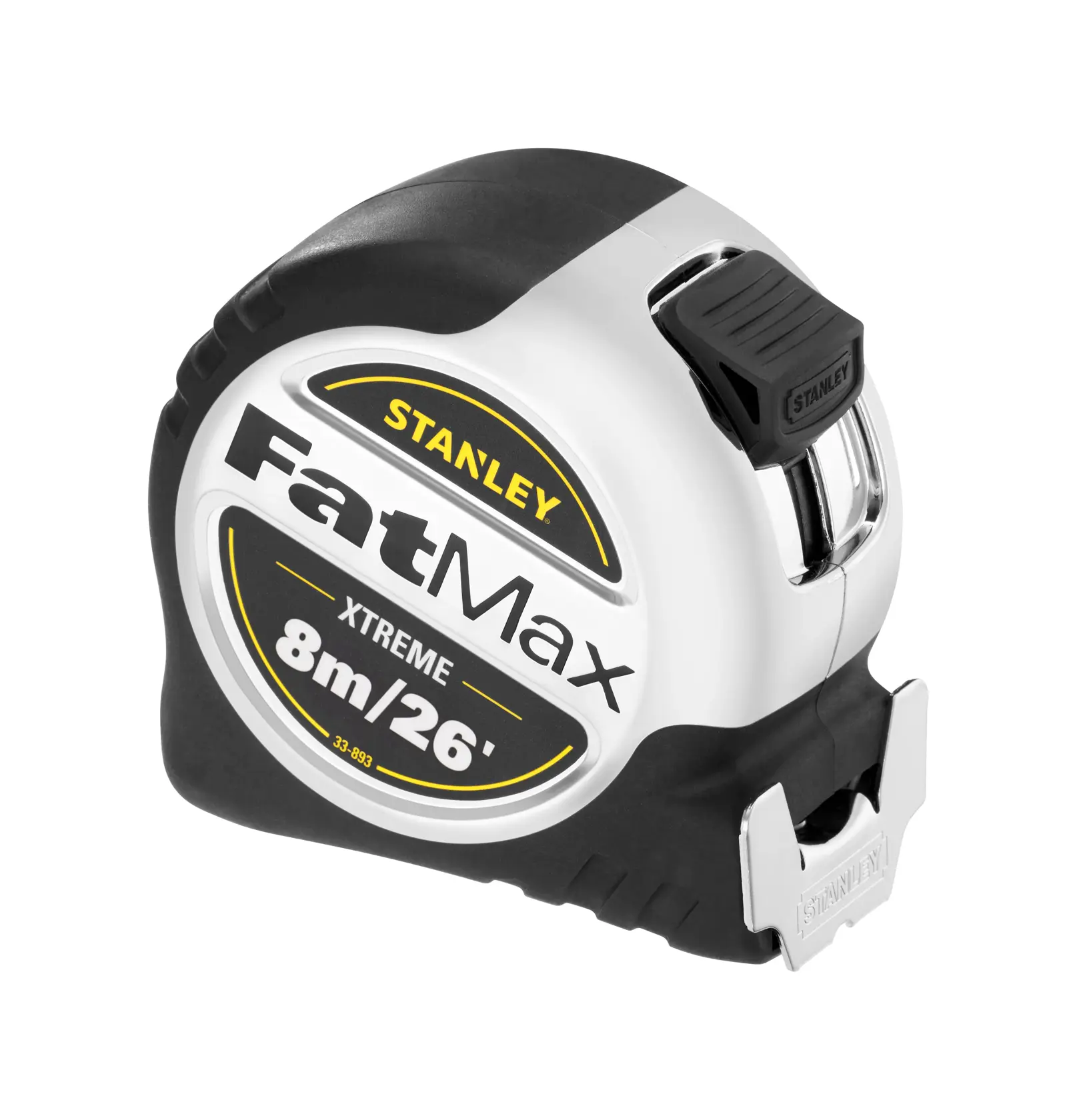 Stanley FatMax Xtreme tape measure, 8m/26ft, with black and silver casing.