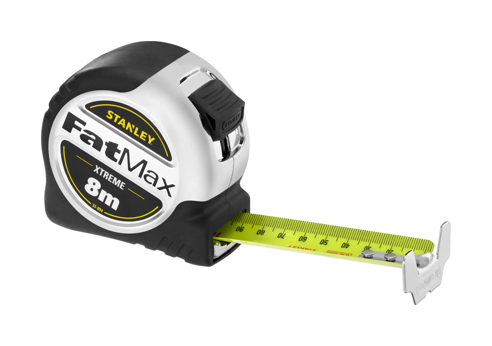 Stanley FatMax 8m tape measure with yellow blade and black case, extended for measurement.