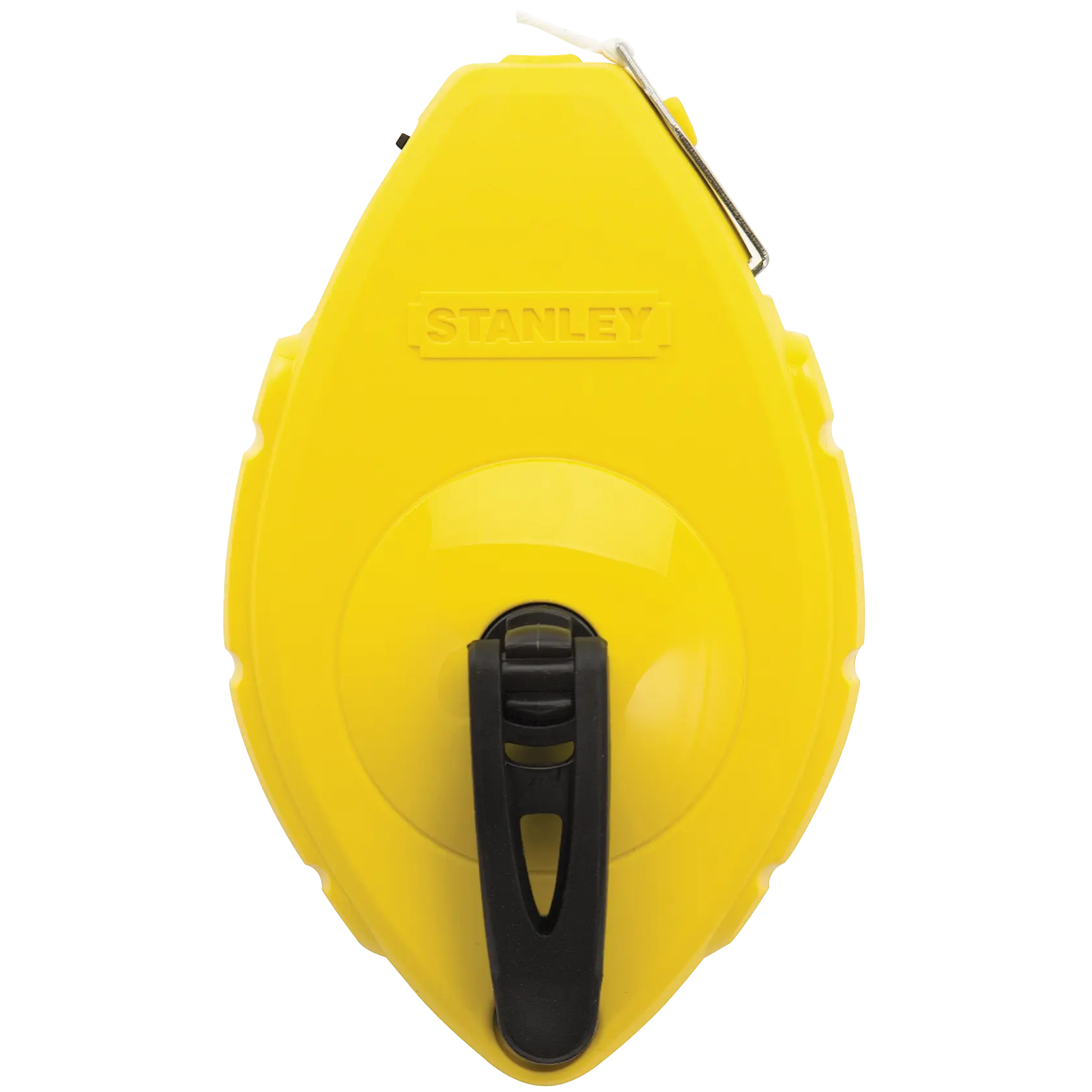 Stanley yellow chalk line reel, front view, with black handle and metal hook, white background