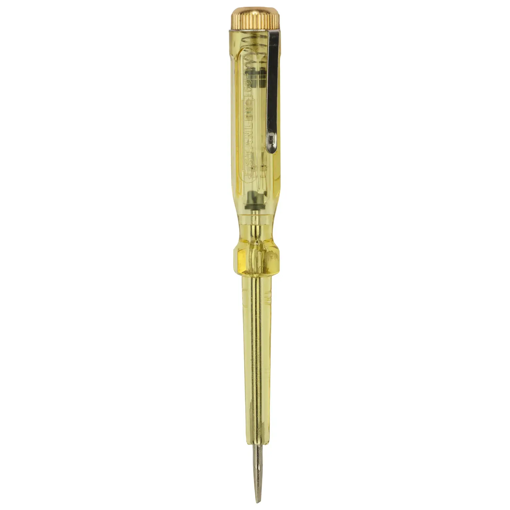 STANLEY 66-119-KR voltage tester screwdriver with yellow transparent handle, front view on white background.