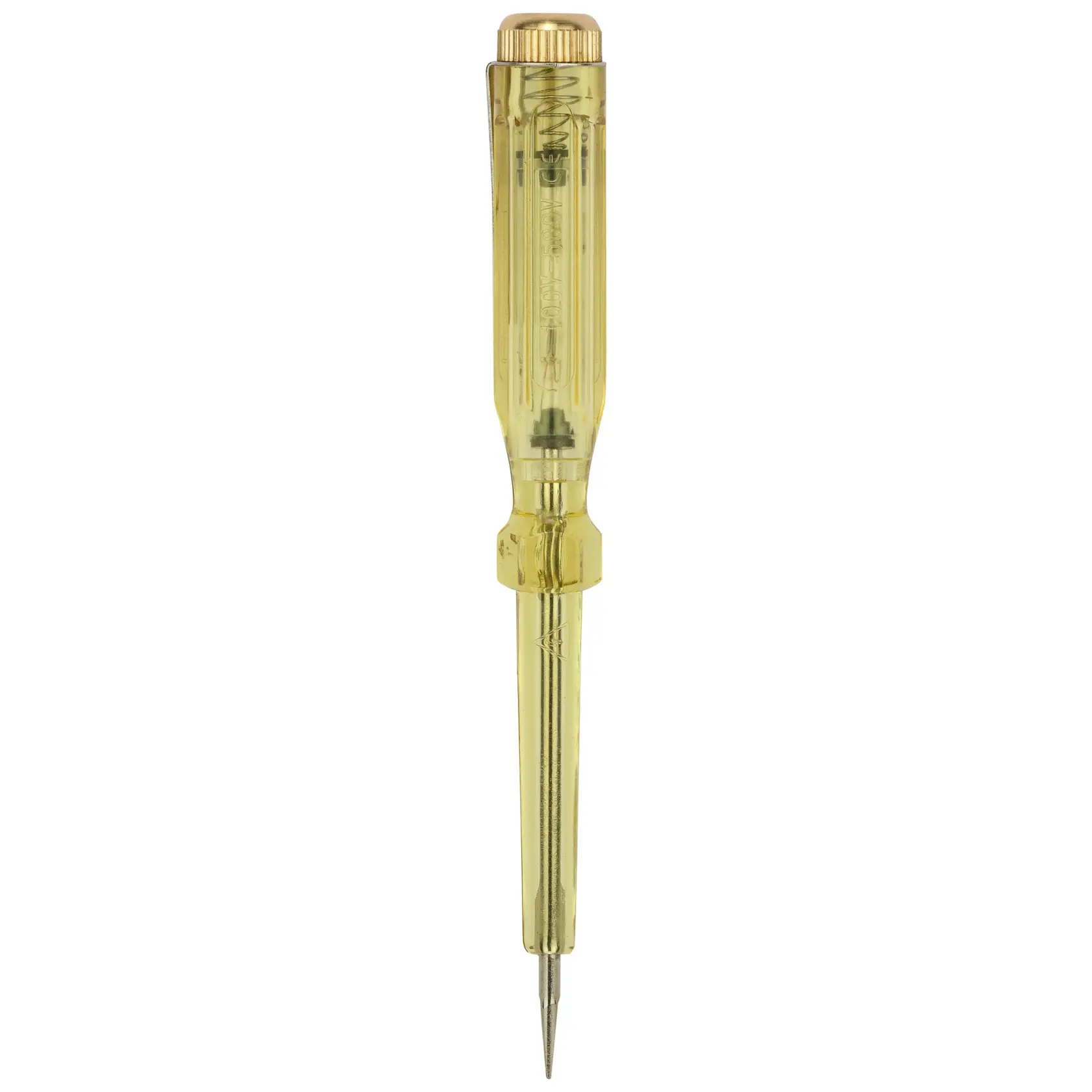 STANLEY 66-119-KR tester screwdriver with yellow transparent handle, straight-on angle, white background.