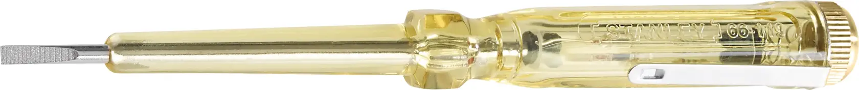 STANLEY 66-119-KR voltage tester screwdriver with transparent yellow handle, side view on white background.