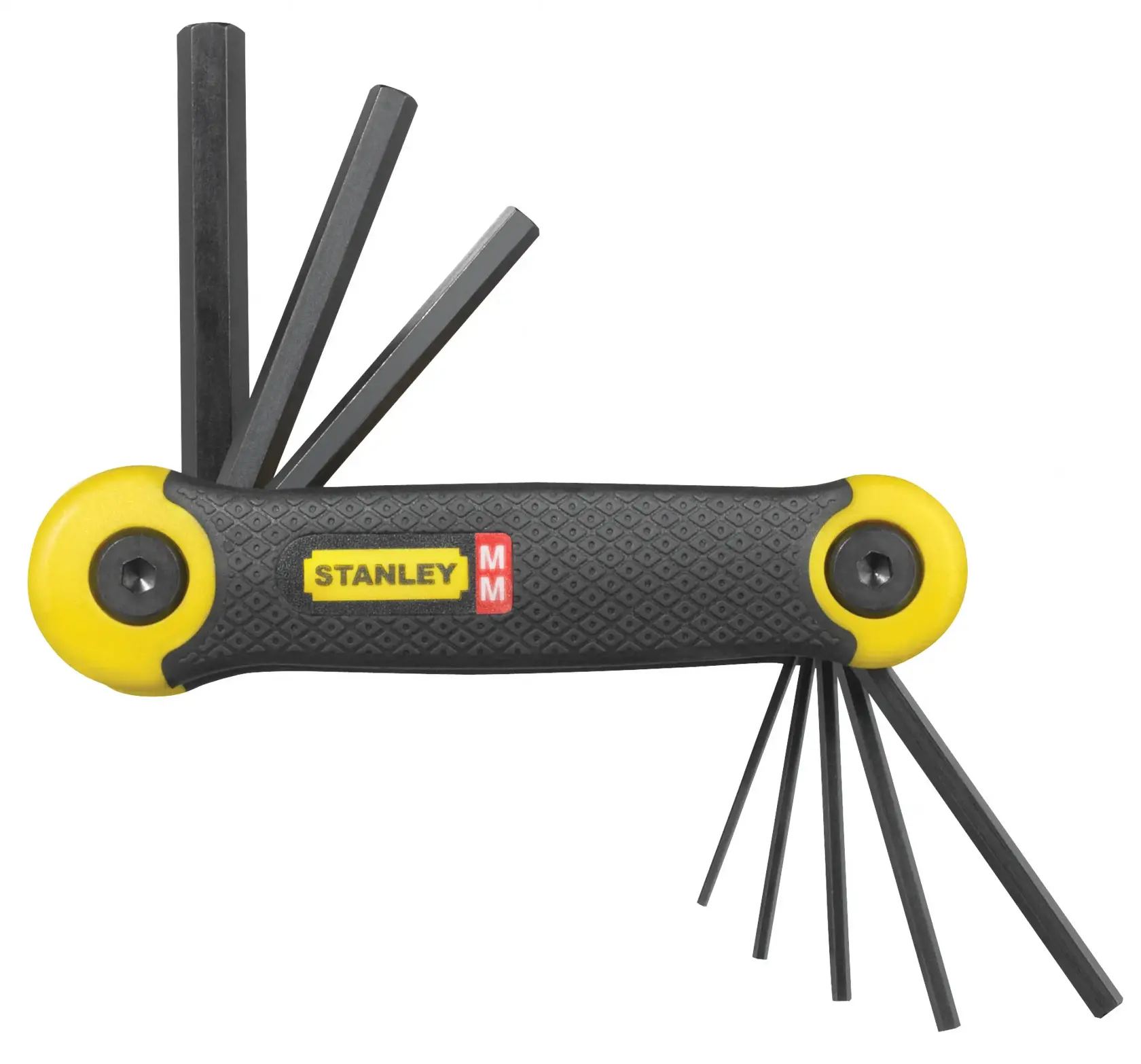 STANLEY 69-264 folding hex key set with black and yellow handle, several hex keys extended, product photo on white.
