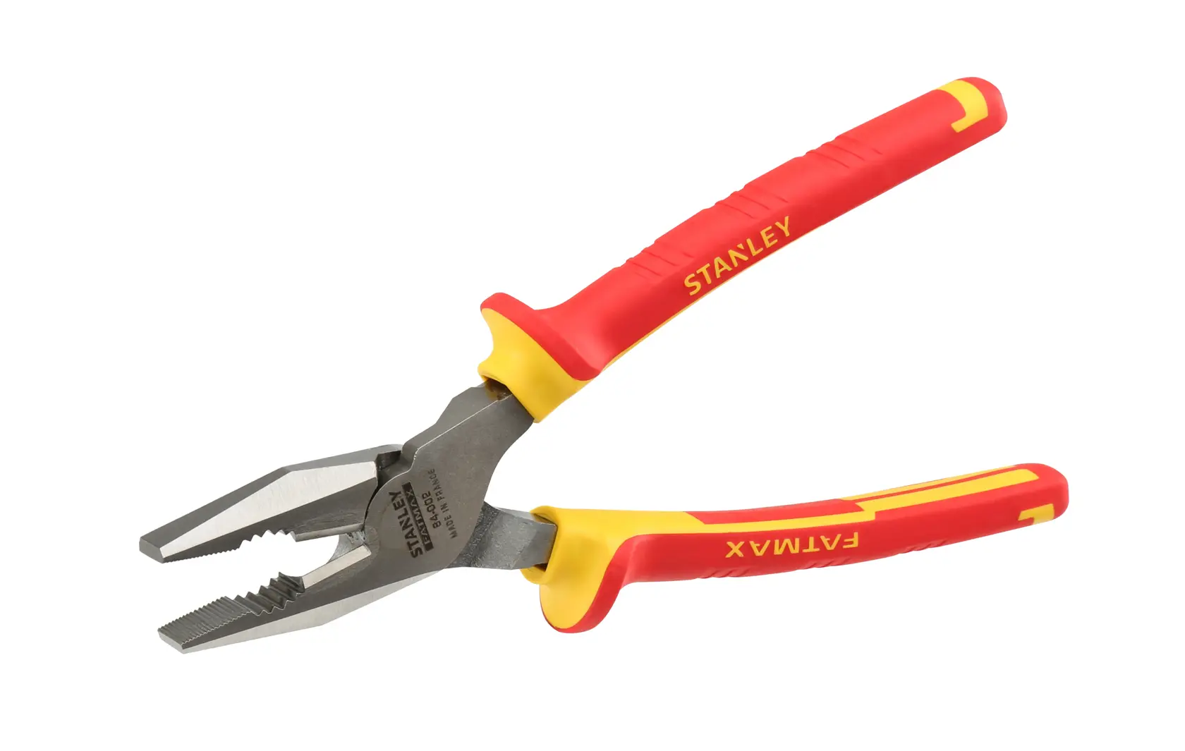 STANLEY 84-002-S pliers with red and yellow insulated handles, angled view, hand tool.