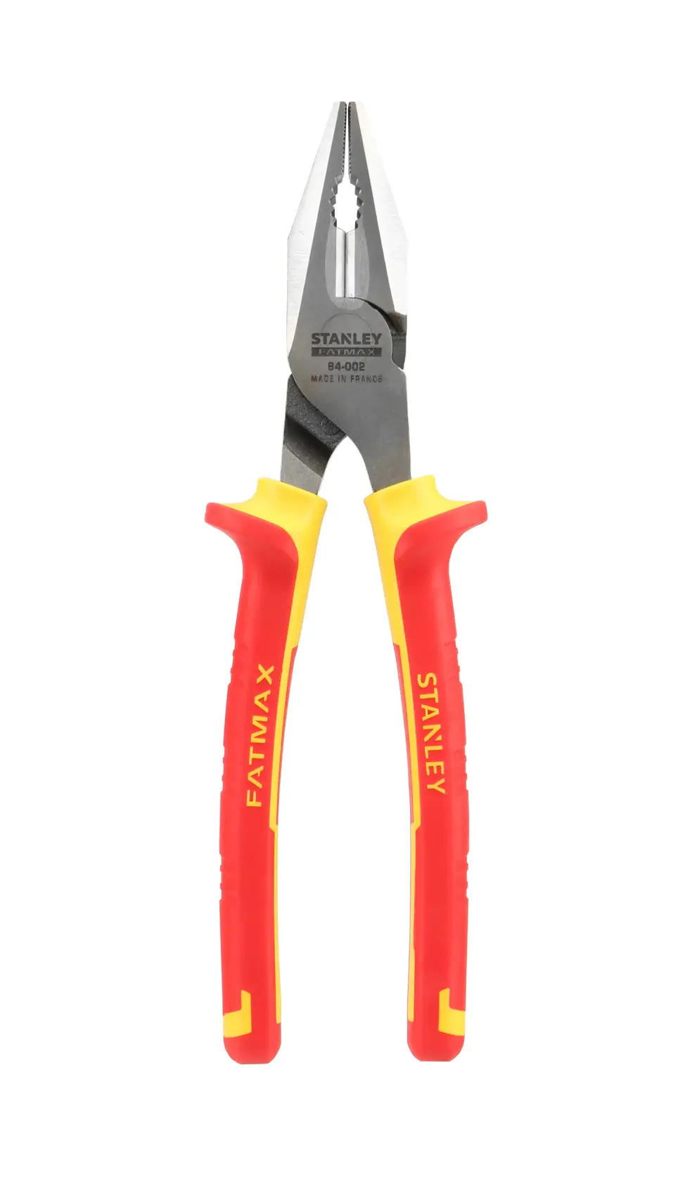 Stanley 84-002-S insulated pliers with red and yellow handles, front angle, photography on white background.