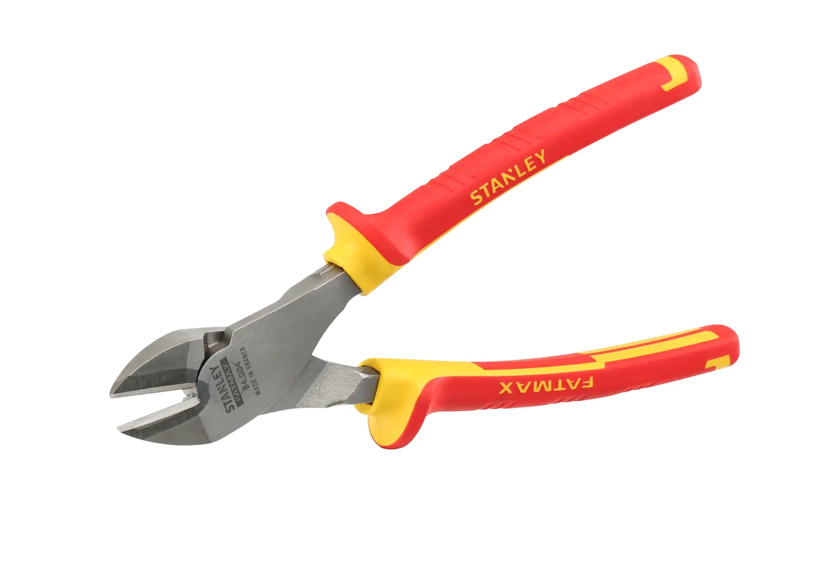 Photo of STANLEY 84-004-S diagonal cutting pliers with red and yellow insulated handles, side angle, on white background.