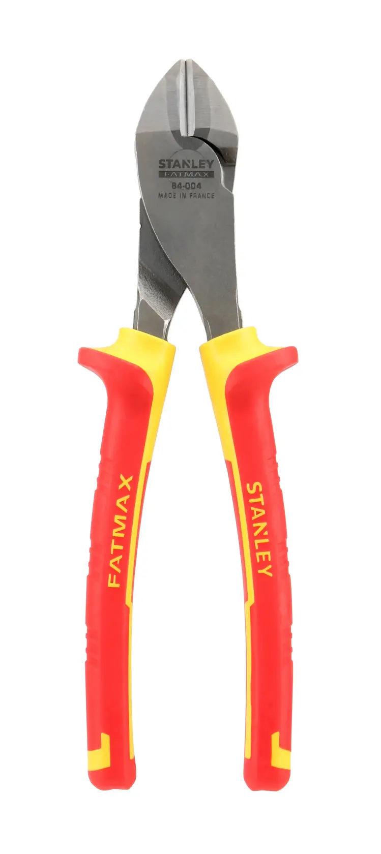 STANLEY 84-004-S diagonal cutting pliers with red and yellow insulated handles, front angle photo.