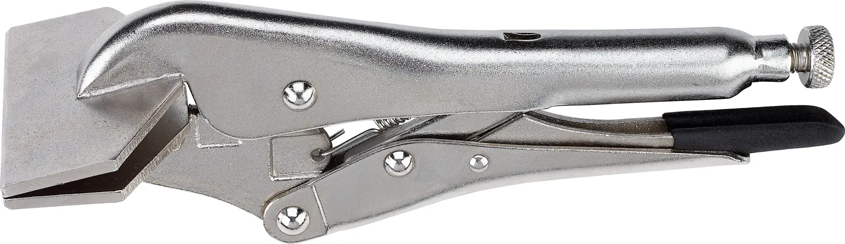 STANLEY 84-398 sheet metal locking pliers, silver finish, left side view, white background.