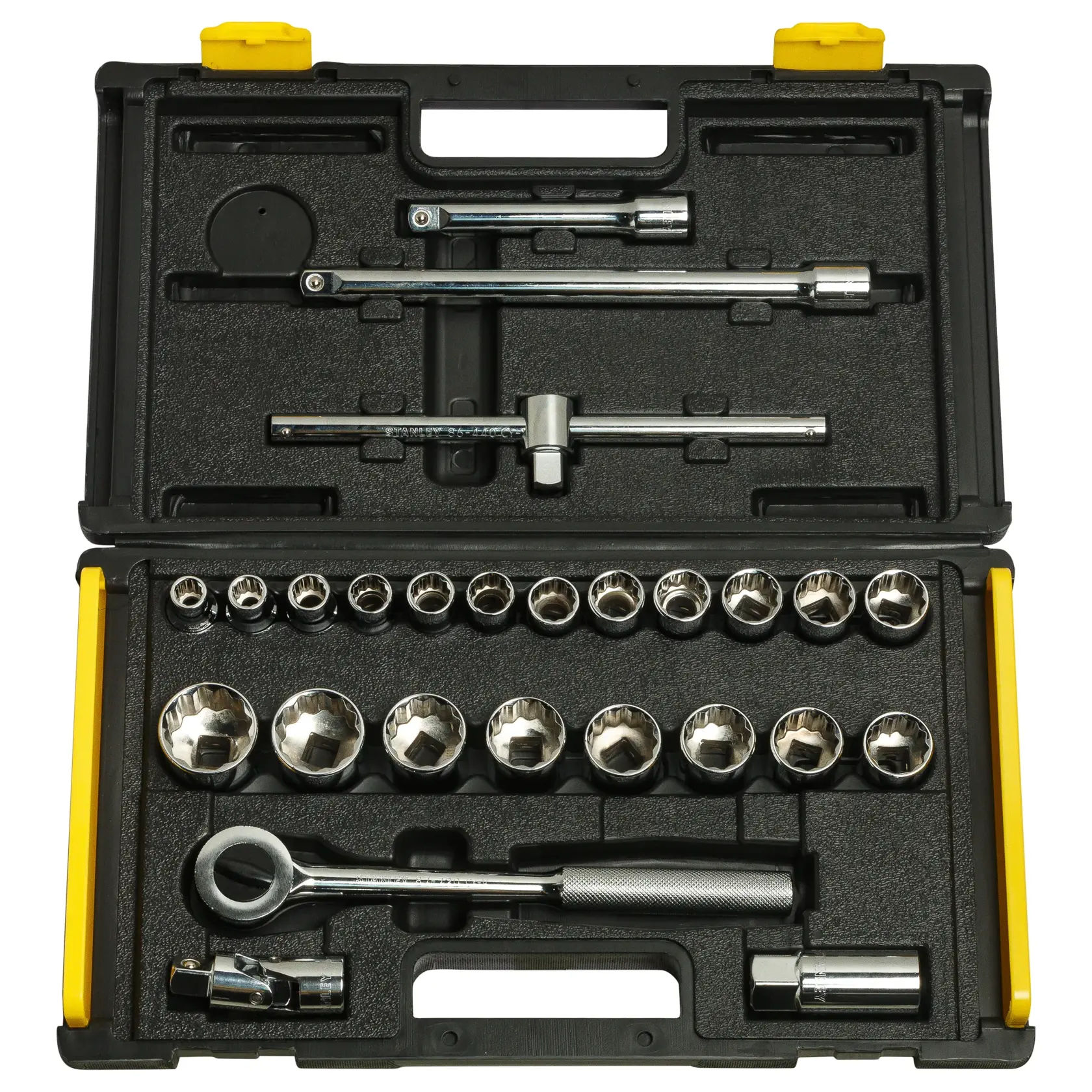 Stanley socket wrench set in case, SKUs 86-477, 86-477-12, photography, top view, yellow accents.