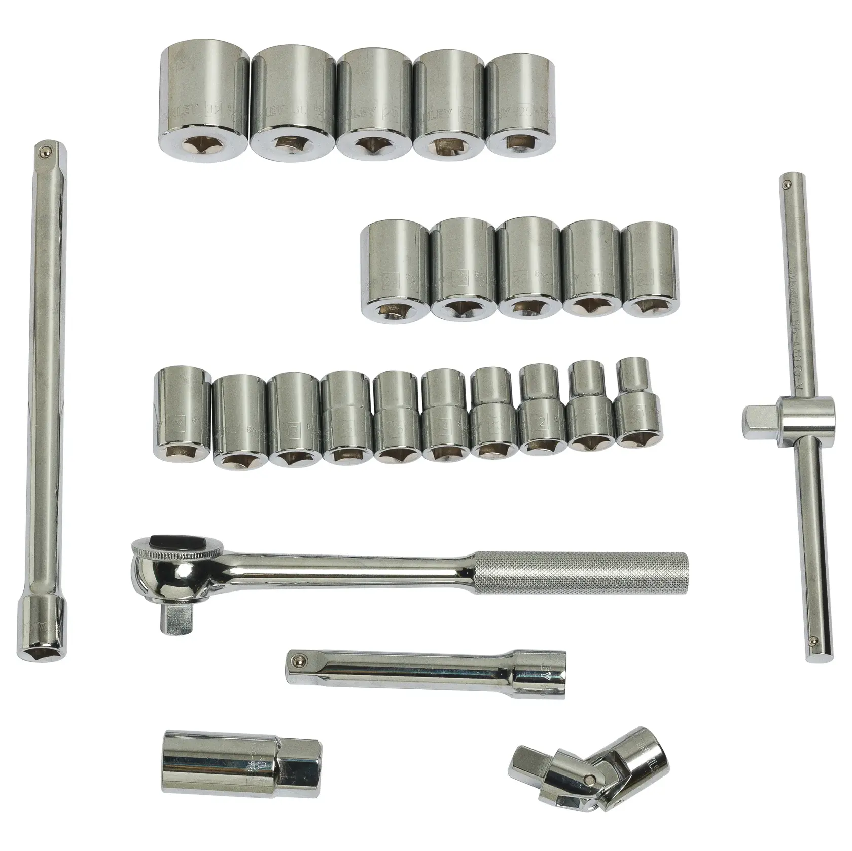 STANLEY photography tool set with SKUs 86-477, 86-477-12. Multiple chrome sockets and ratchet.