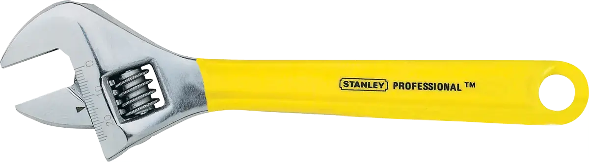 STANLEY 97-797 adjustable wrench with yellow handle, side angle on white background.
