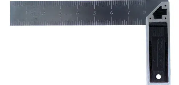 STANLEY E-46534 steel try square with black handle, photography, top view on white background.
