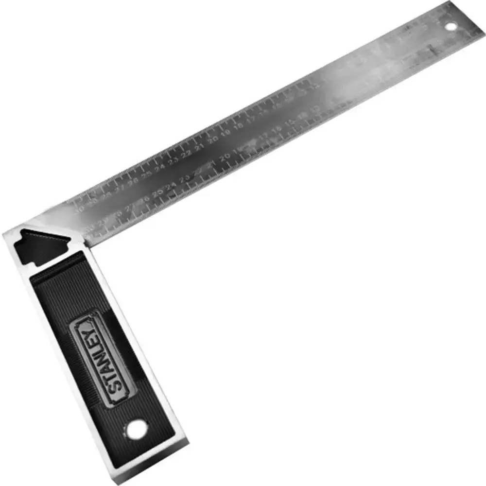 STANLEY E-46536 steel try square with black handle and metric markings, angled on white background.