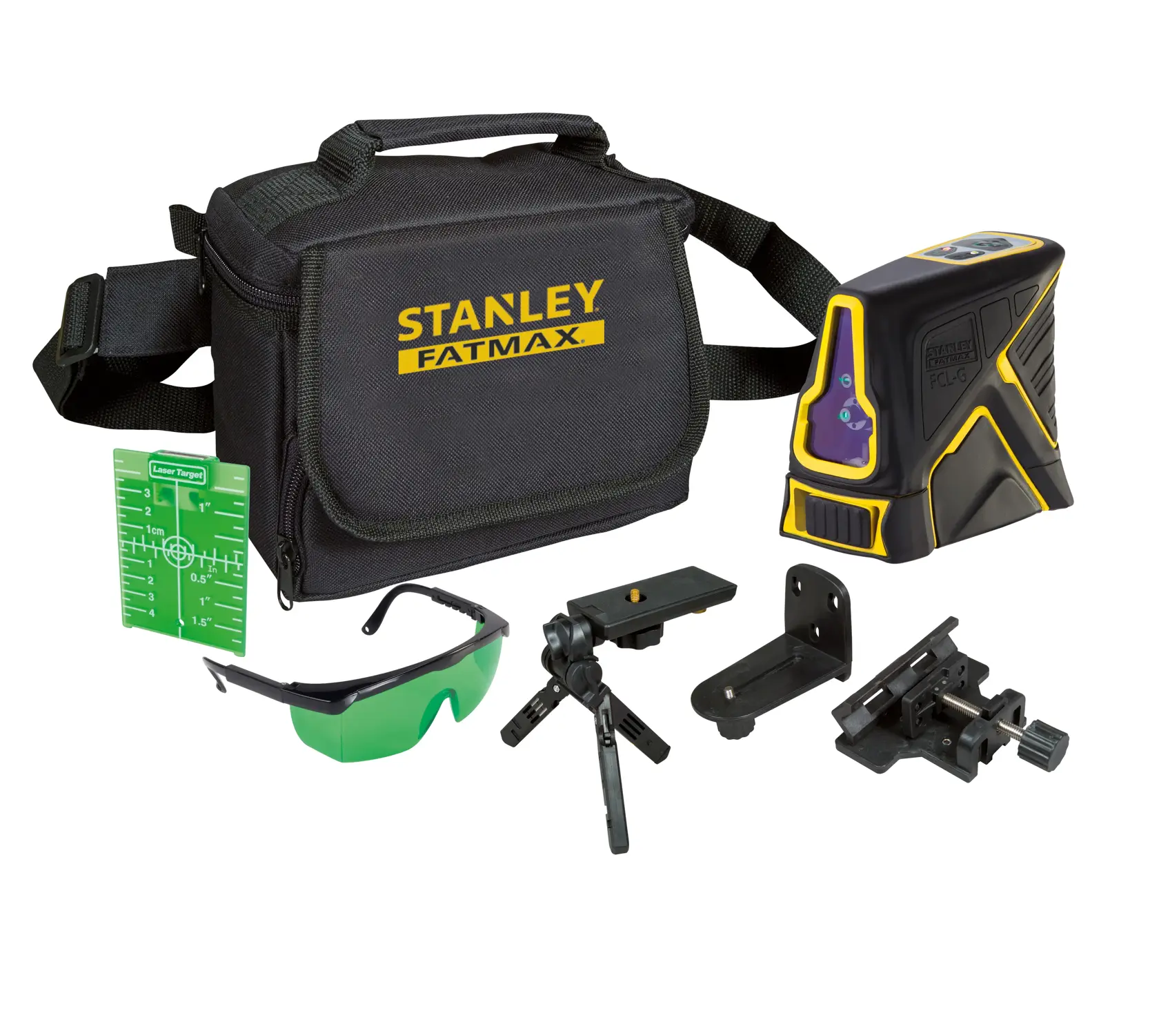 Stanley Fatmax laser level kit with carrying bag, green glasses, tripod, mounts, and target card.