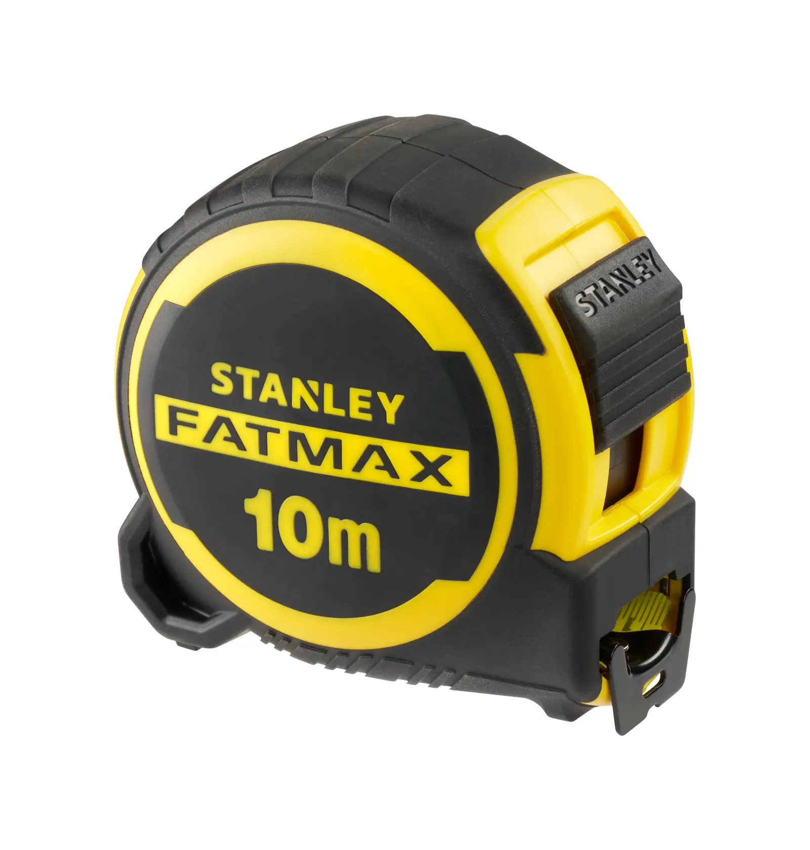 Photo of STANLEY FMHT33010-3 tape measure, FATMAX 10m, black and yellow, front angled view.