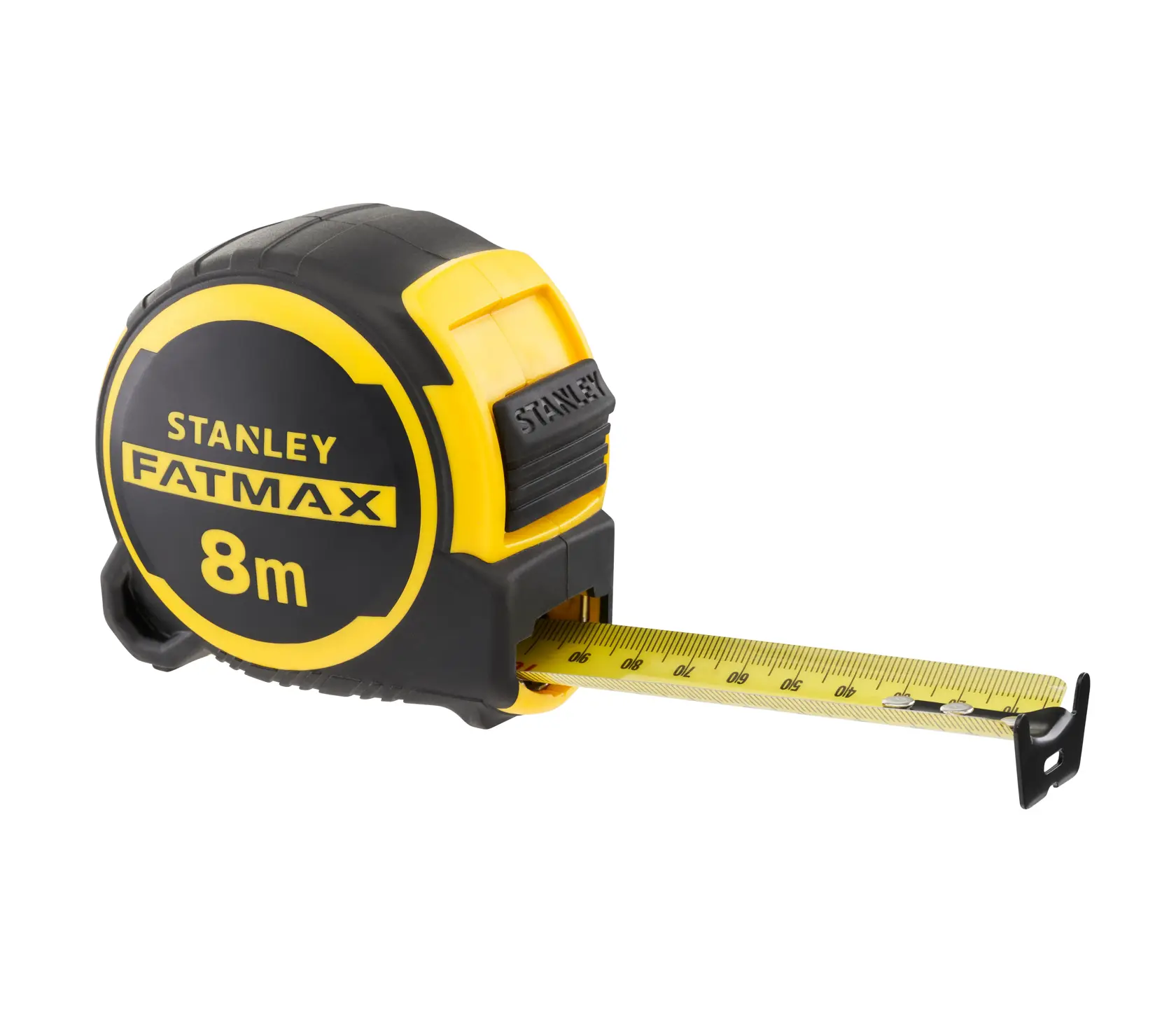 Stanley FATMAX 8m tape measure with yellow and black casing and partially extended metal tape.