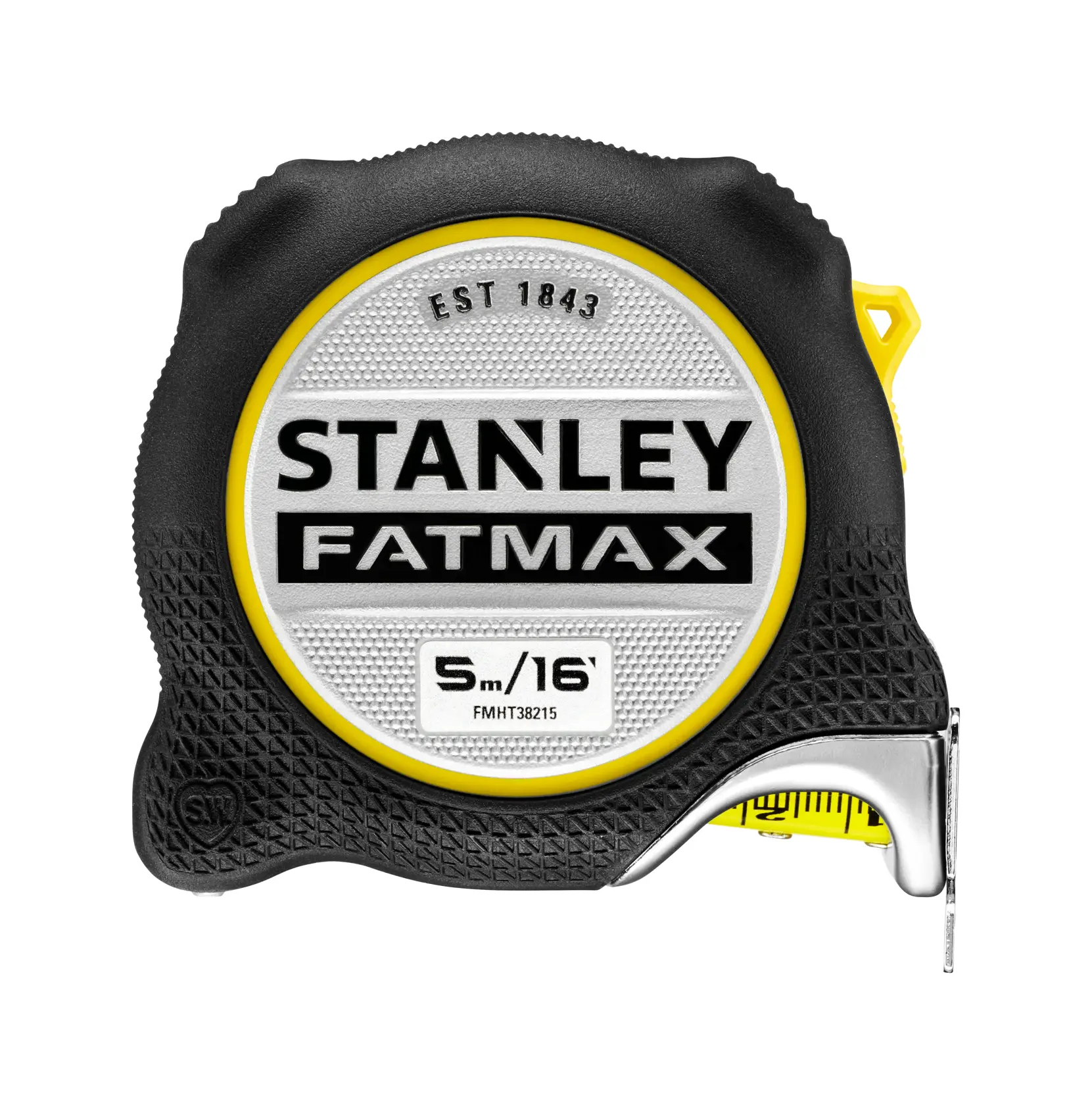 STANLEY FMHT38215-5 FATMAX tape measure, 5m/16ft, black and yellow casing, front angle, photography.