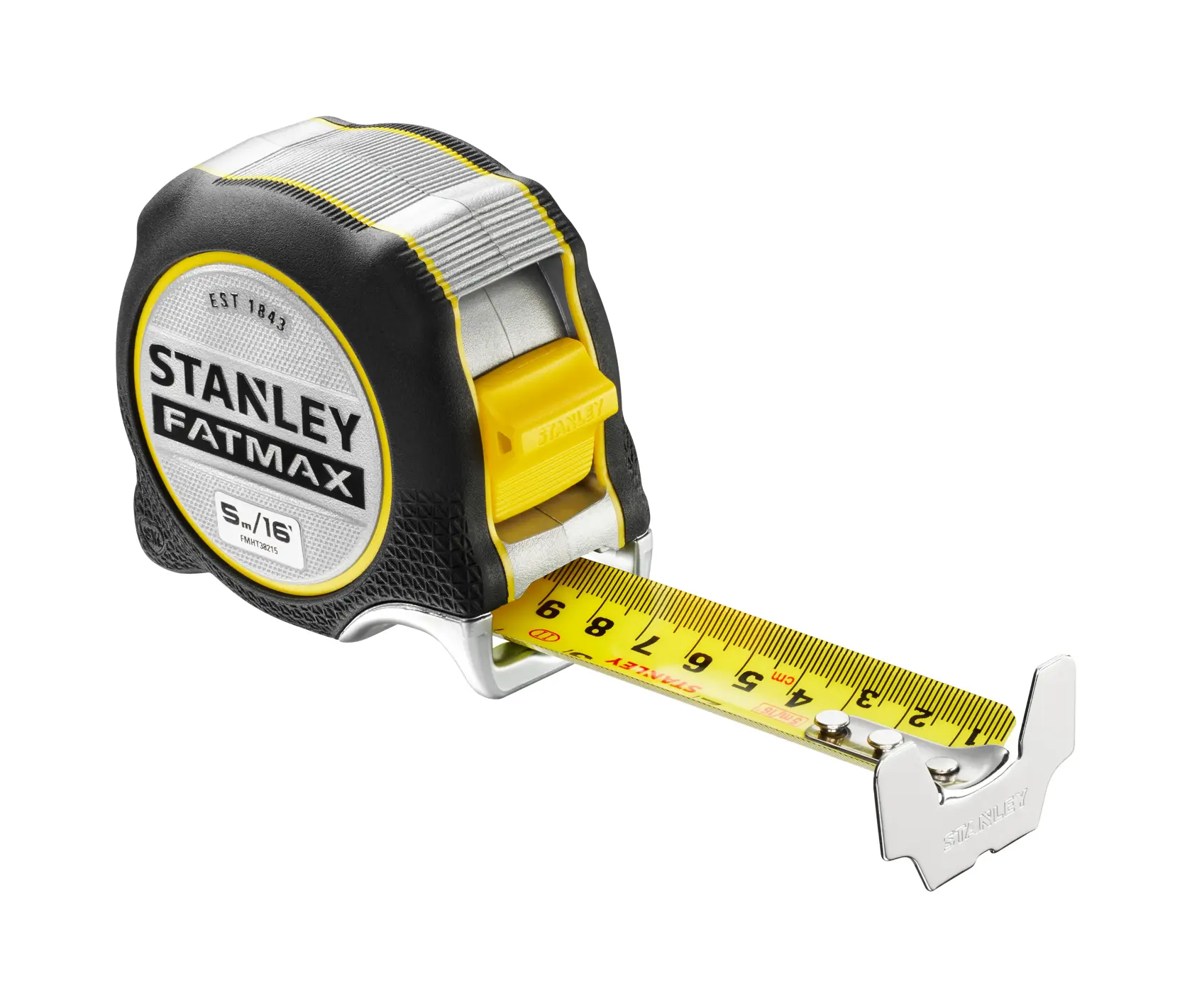 STANLEY FMHT38215-5 tape measure, yellow and black casing, extended yellow blade, product angled on white background.