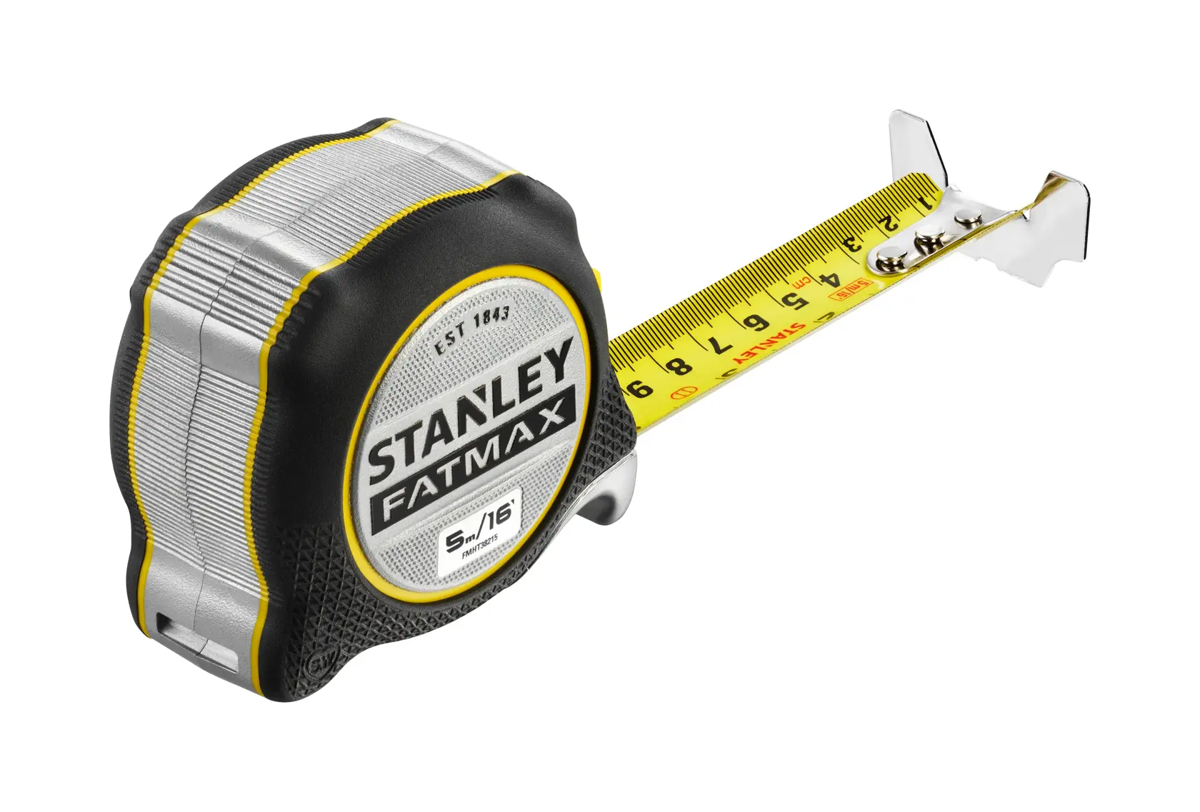Photo of STANLEY FMHT38215-5 tape measure, black and yellow, extended view, white background.
