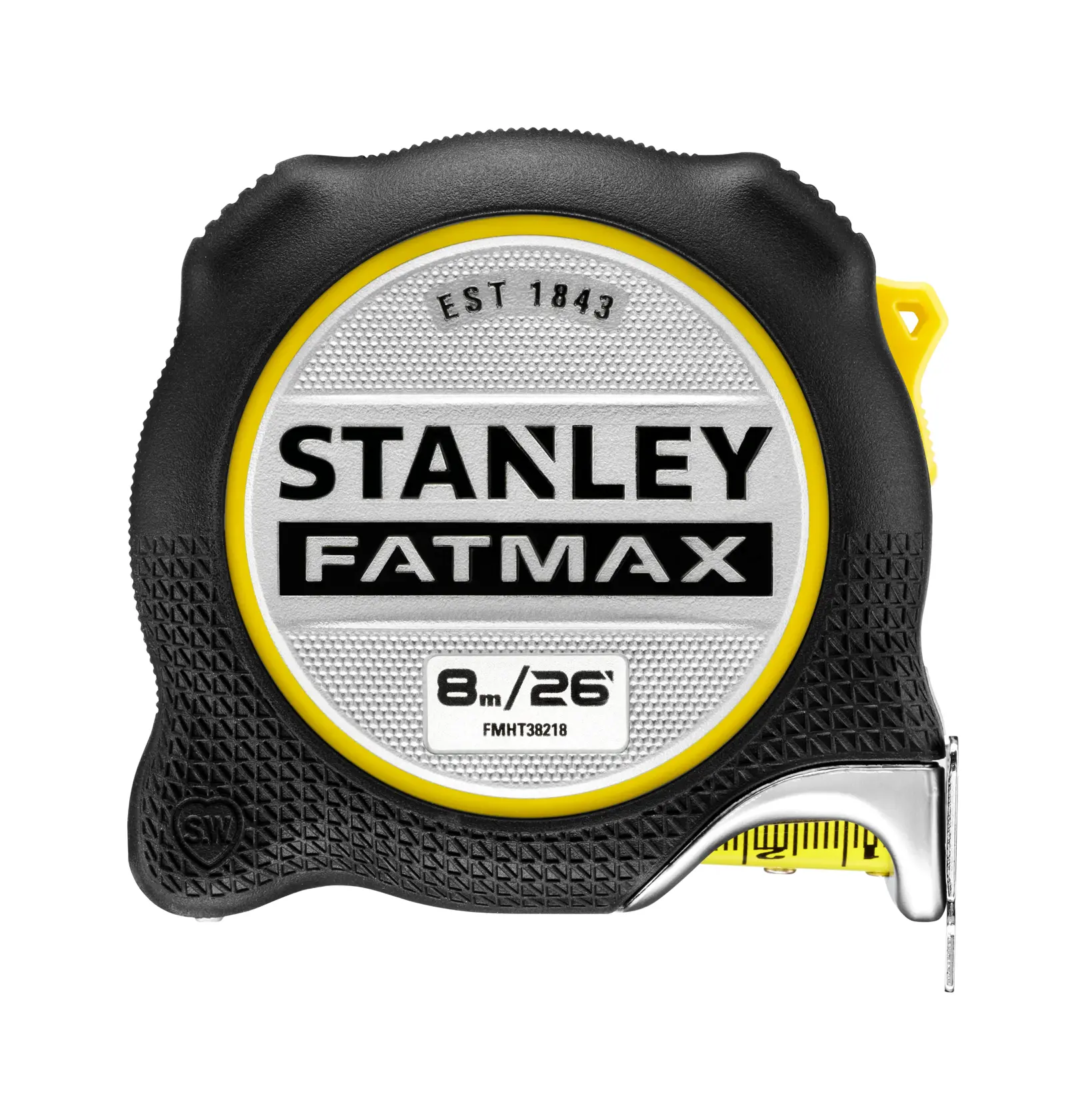 STANLEY FMHT38218-5 tape measure, 8m/26ft, FATMAX series, black and yellow case, front view, photography.