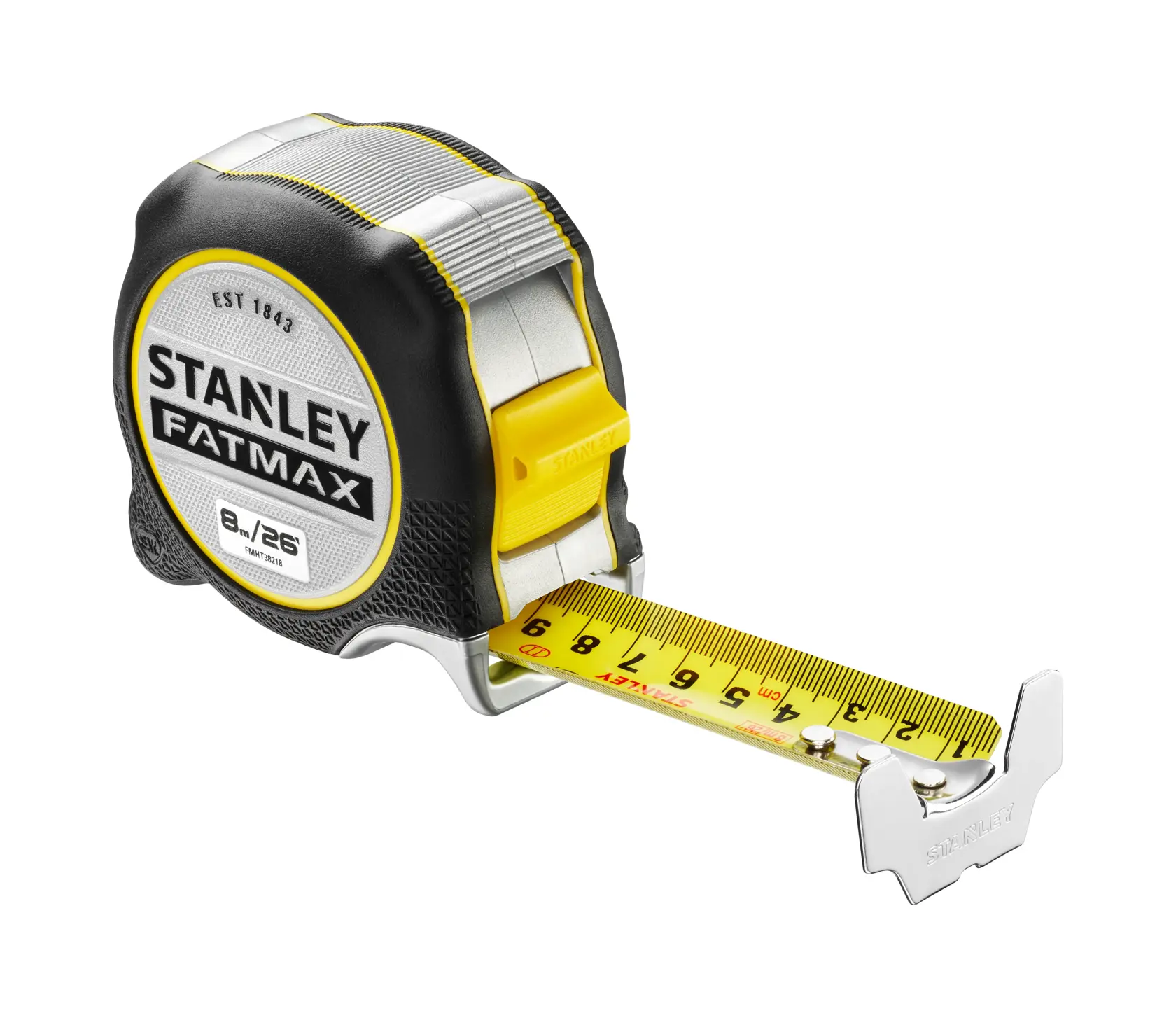 STANLEY FMHT38218-5 tape measure, FATMAX series, yellow and black, side angle on white background.