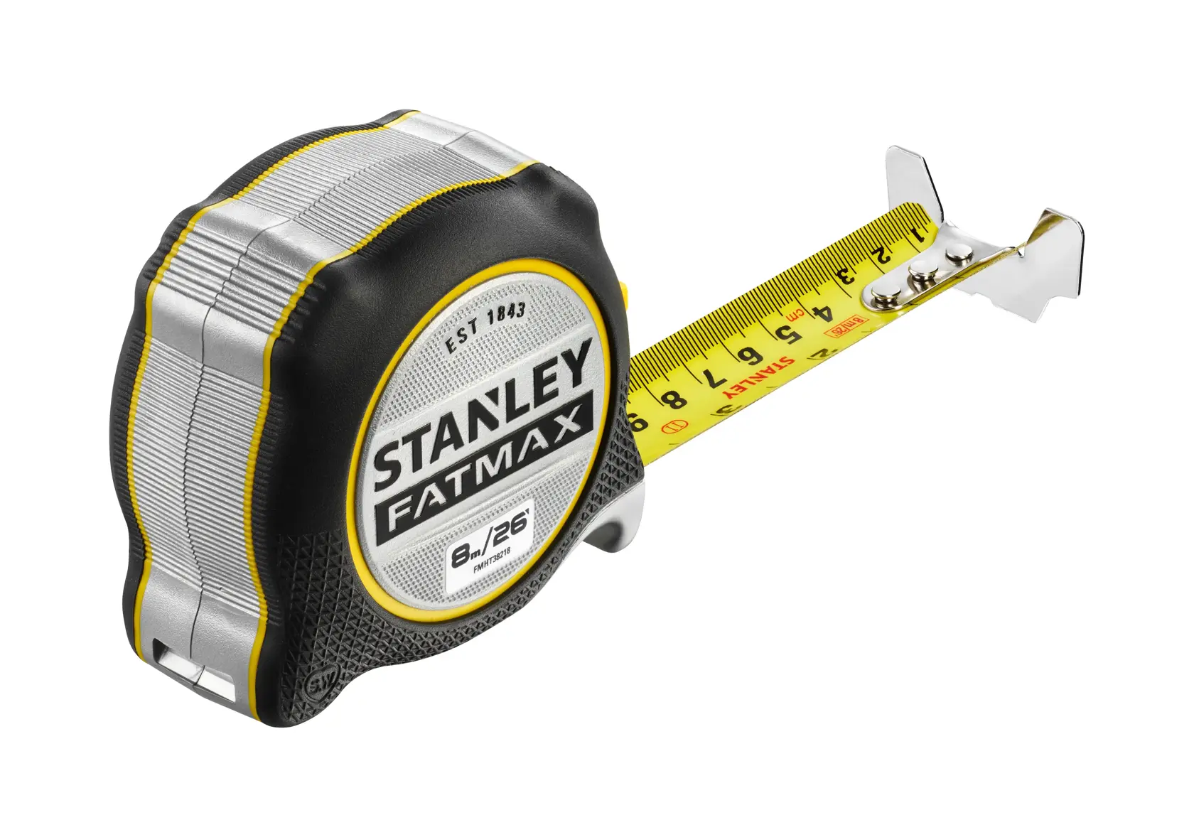STANLEY FMHT38218-5 tape measure with yellow blade and black, silver, yellow case, side angle on white background.