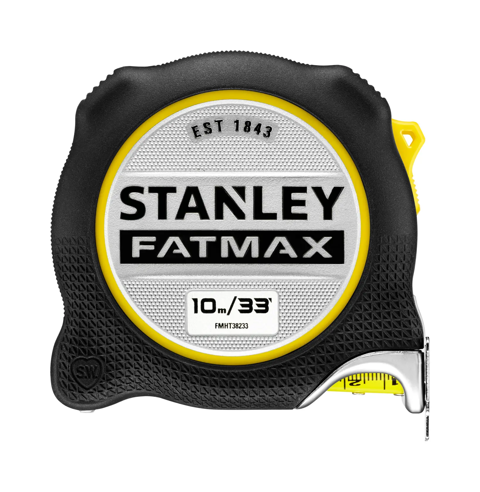 Front angle photo of STANLEY FMHT38233-5 tape measure, black and yellow, 10m/33ft, with FATMAX branding.