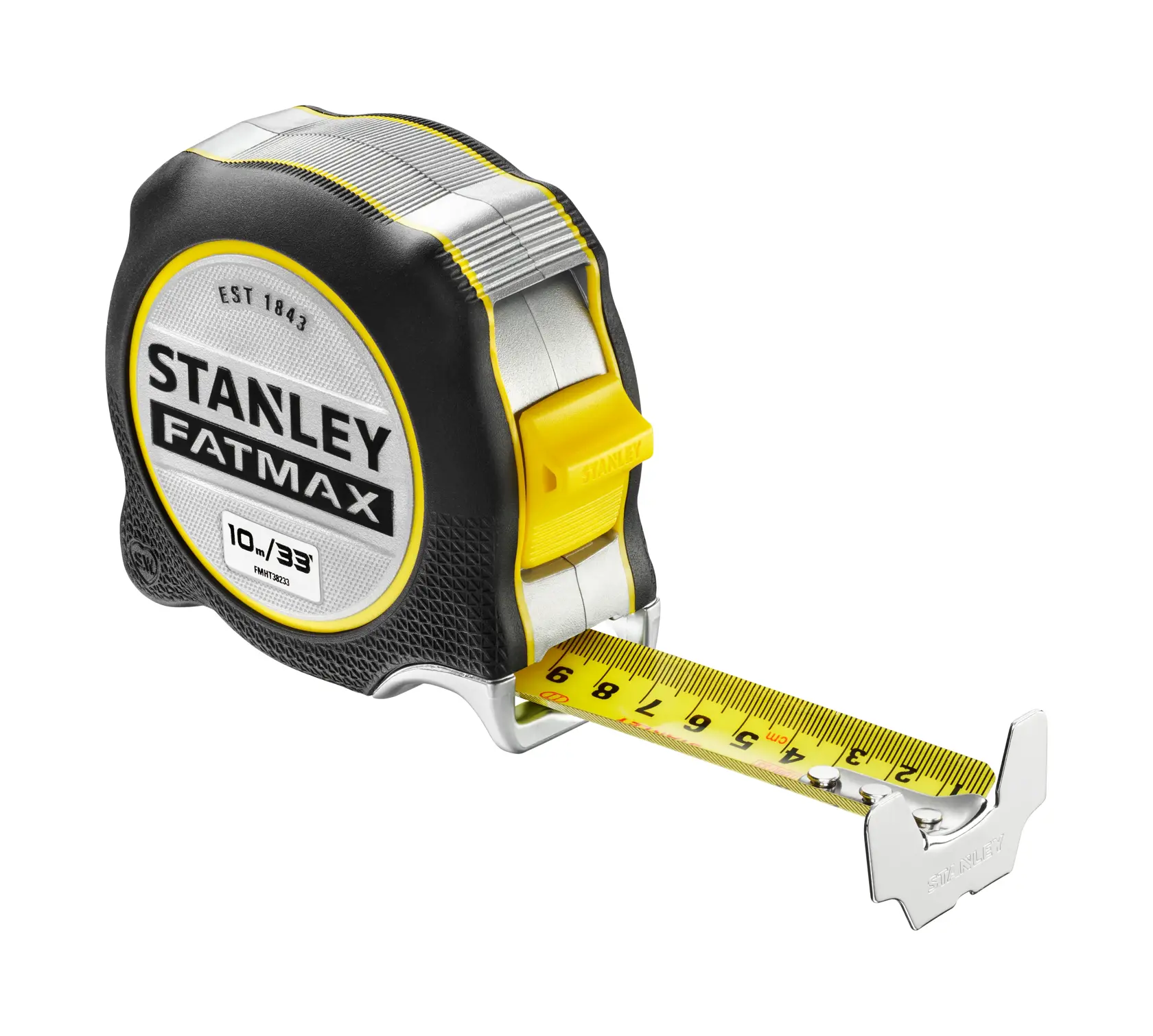 STANLEY FMHT38233-5 tape measure, yellow and black, angled view on white background.