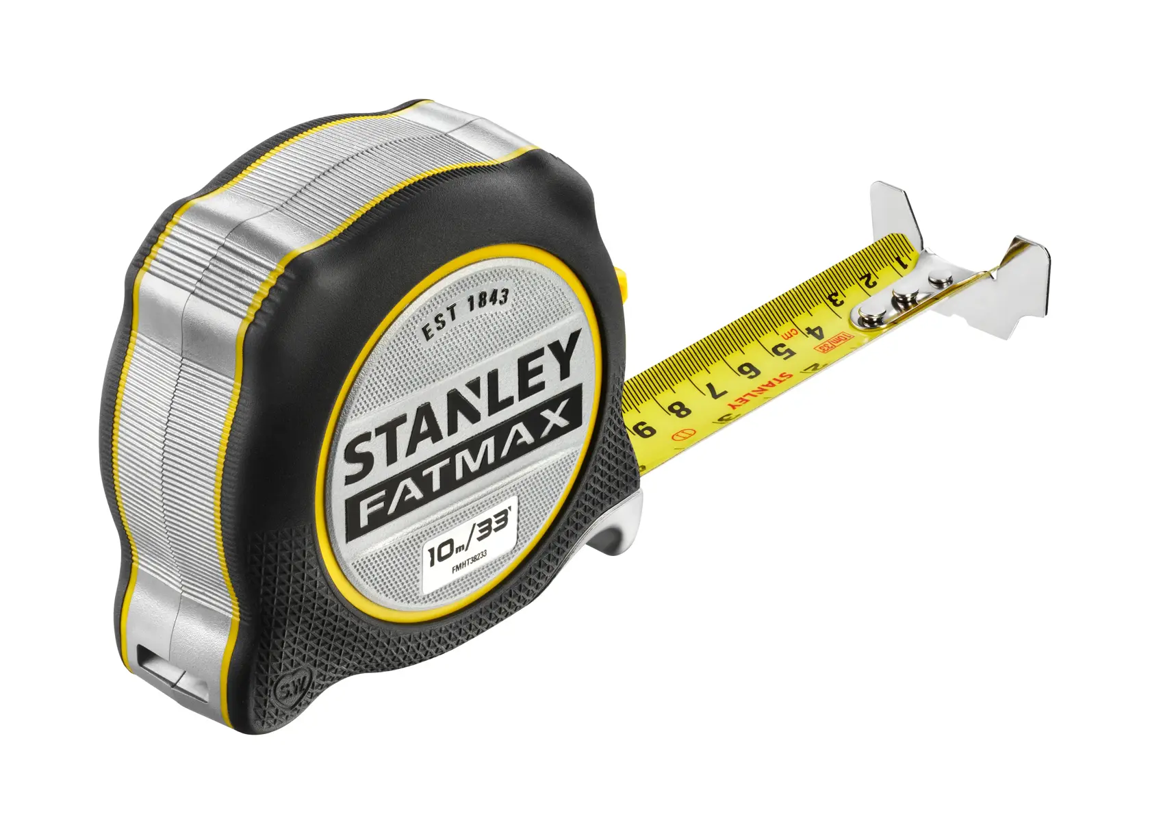 Photo of STANLEY FMHT38233-5 FATMAX tape measure, black and silver, extended yellow blade, front angle.