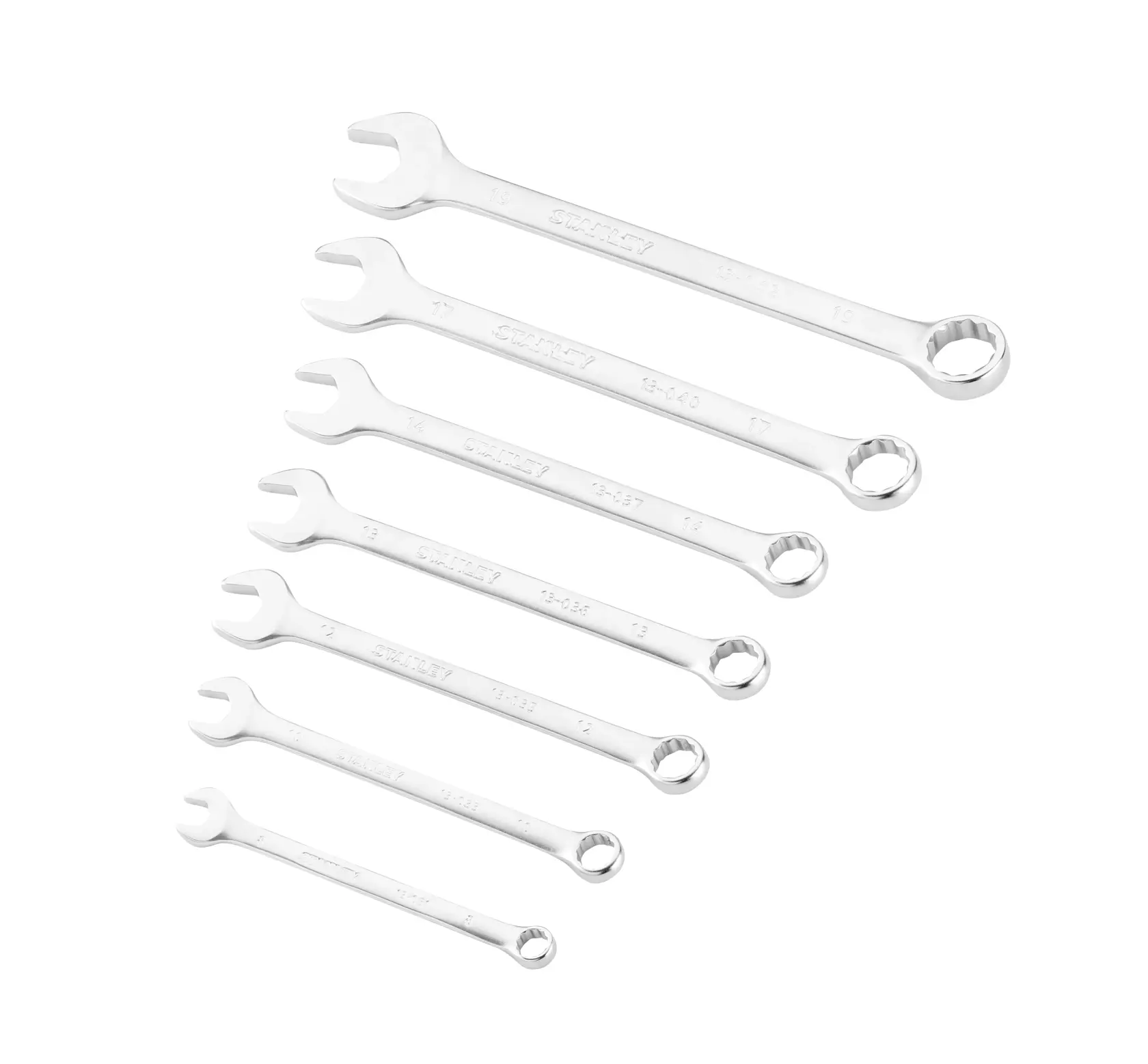 STANLEY FMMT82844-0 set of seven silver combination wrenches, angled view on white background.