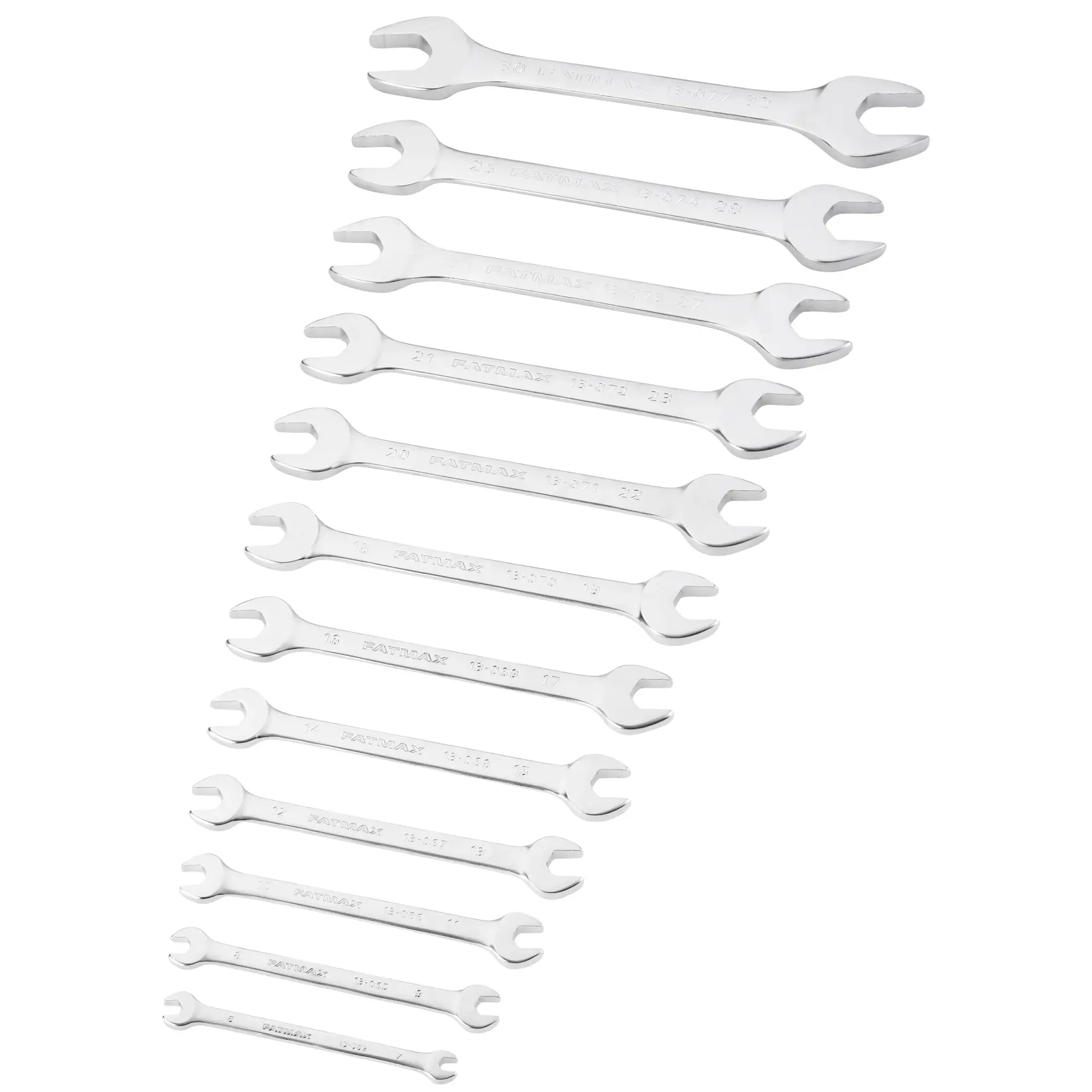 STANLEY FMMT82902-0 set of twelve open-end wrenches, chrome finish, assorted sizes, top-down view.