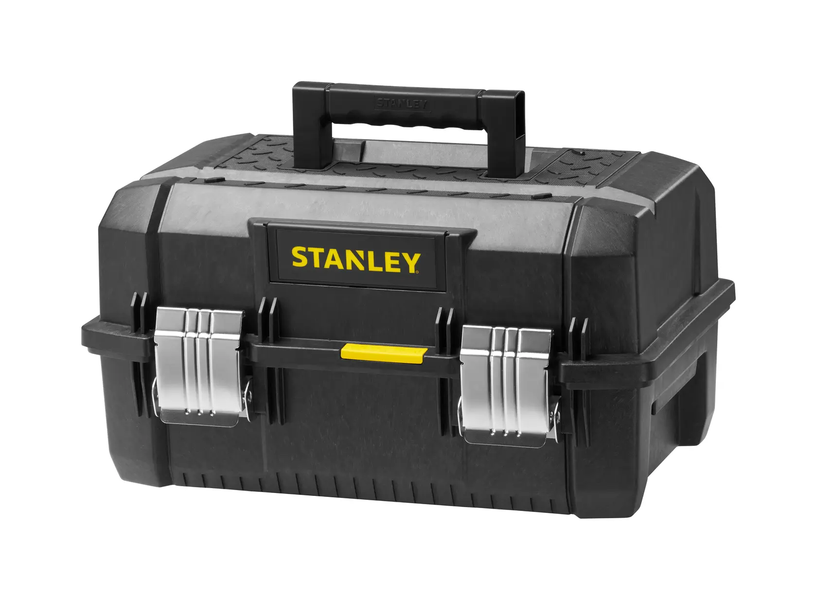 STANLEY FMST1-71219 black toolbox front angle with metal latches and top handle, white background.