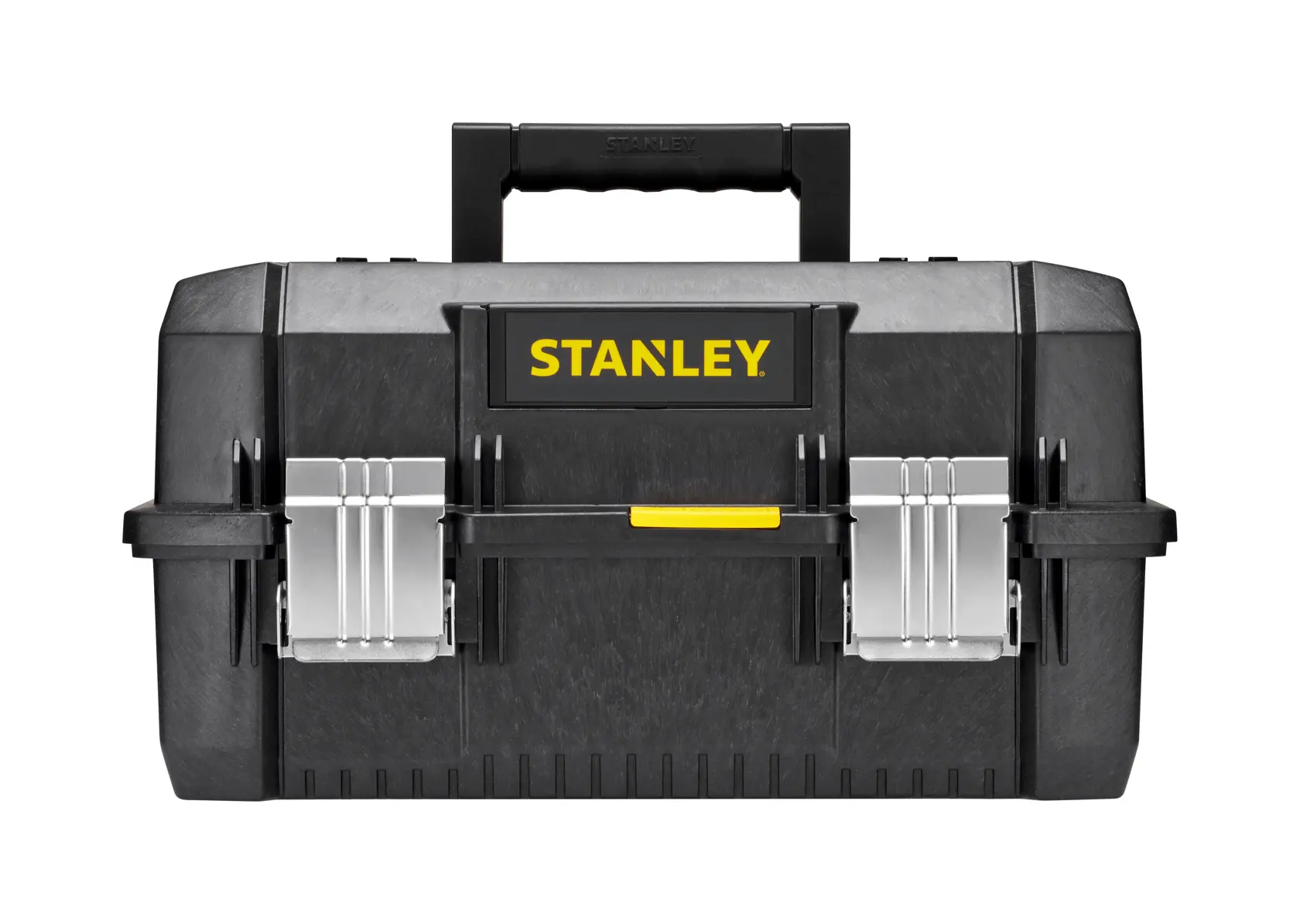 STANLEY FMST1-71219 black toolbox with metal latches, yellow logo, front angle on white background.