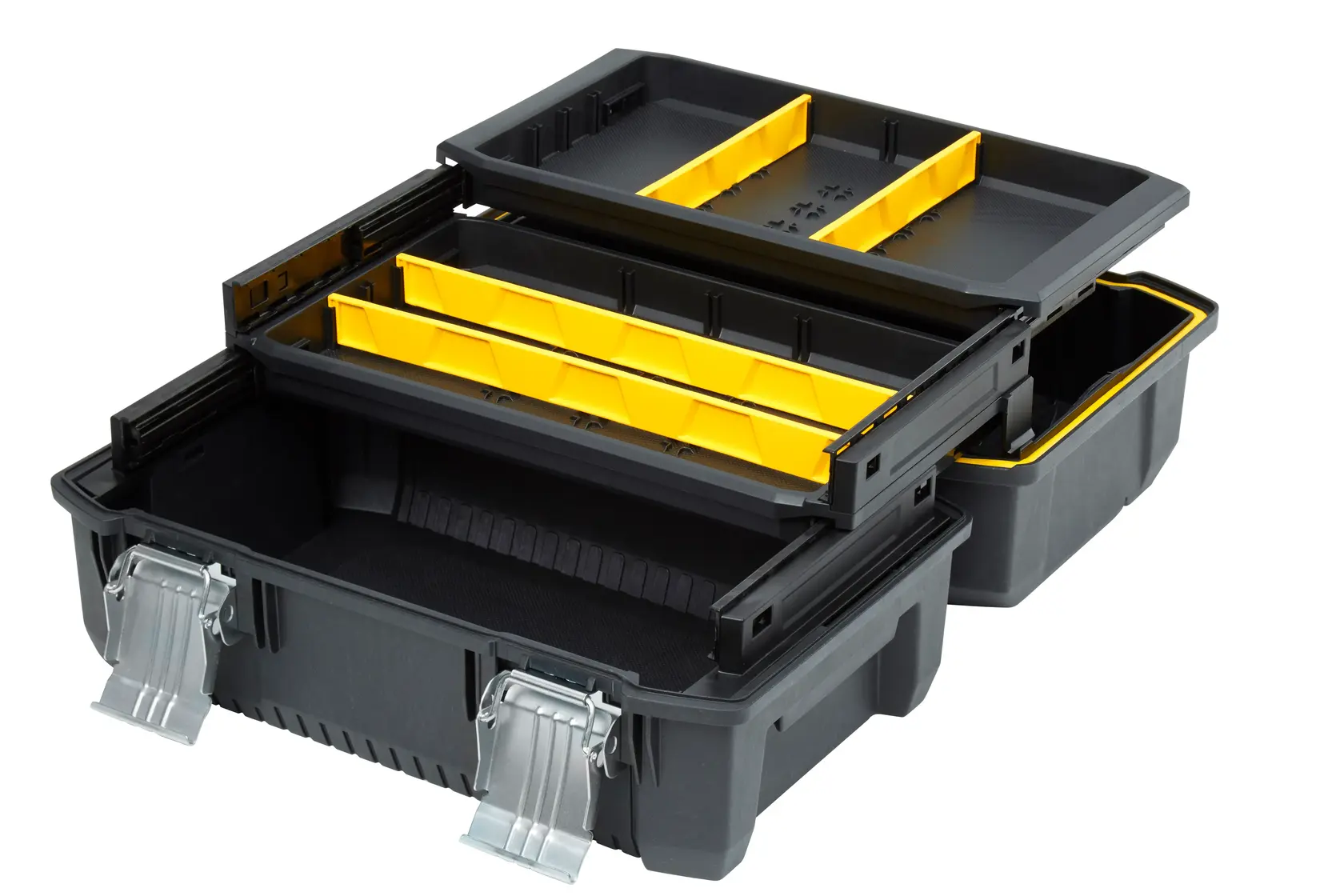 STANLEY FMST1-71219 tool box with open compartments, black and yellow, shown at an angle on white background.