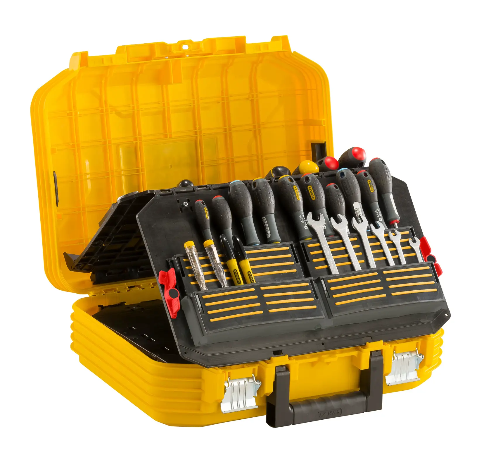 STANLEY FMST1-71943 yellow tool case open with assorted screwdrivers and wrenches front angle.