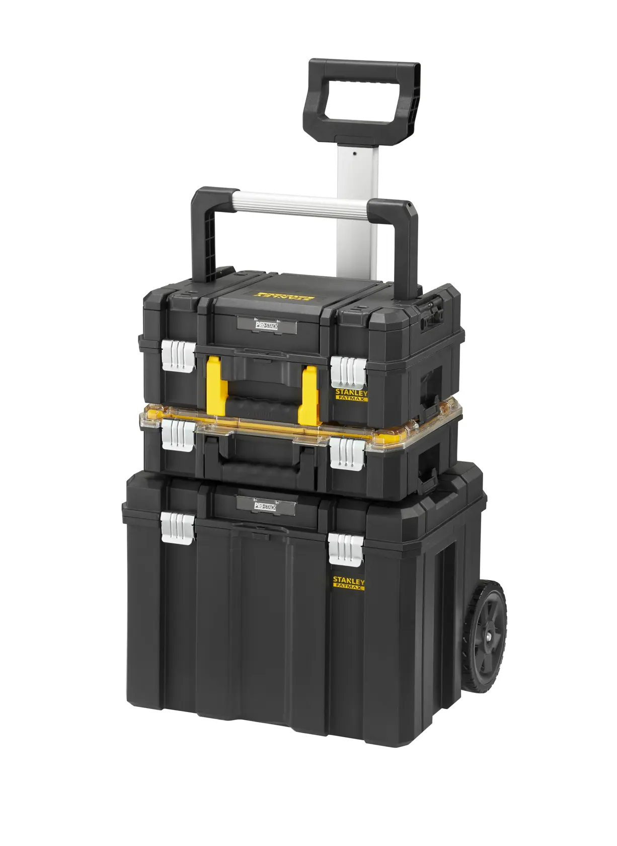 STANLEY FMST1-80103 black wheeled tool box stack with handles, front angle, white background.