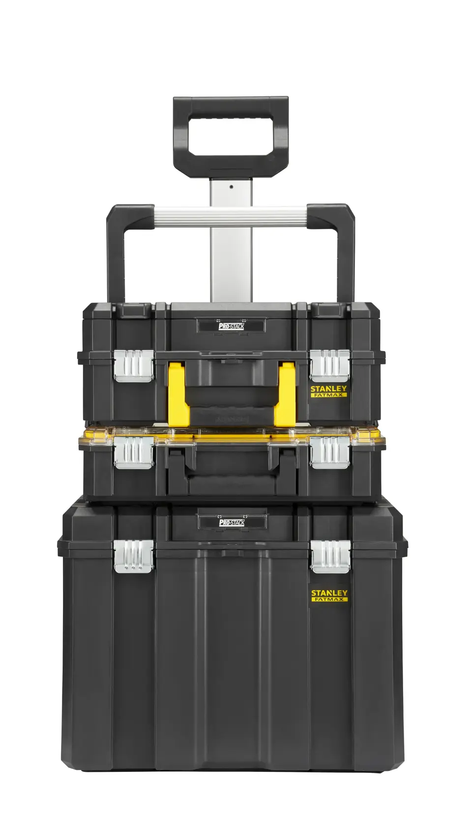 STANLEY FMST1-80103 black stackable tool box set with trolley handle, front angle photo.