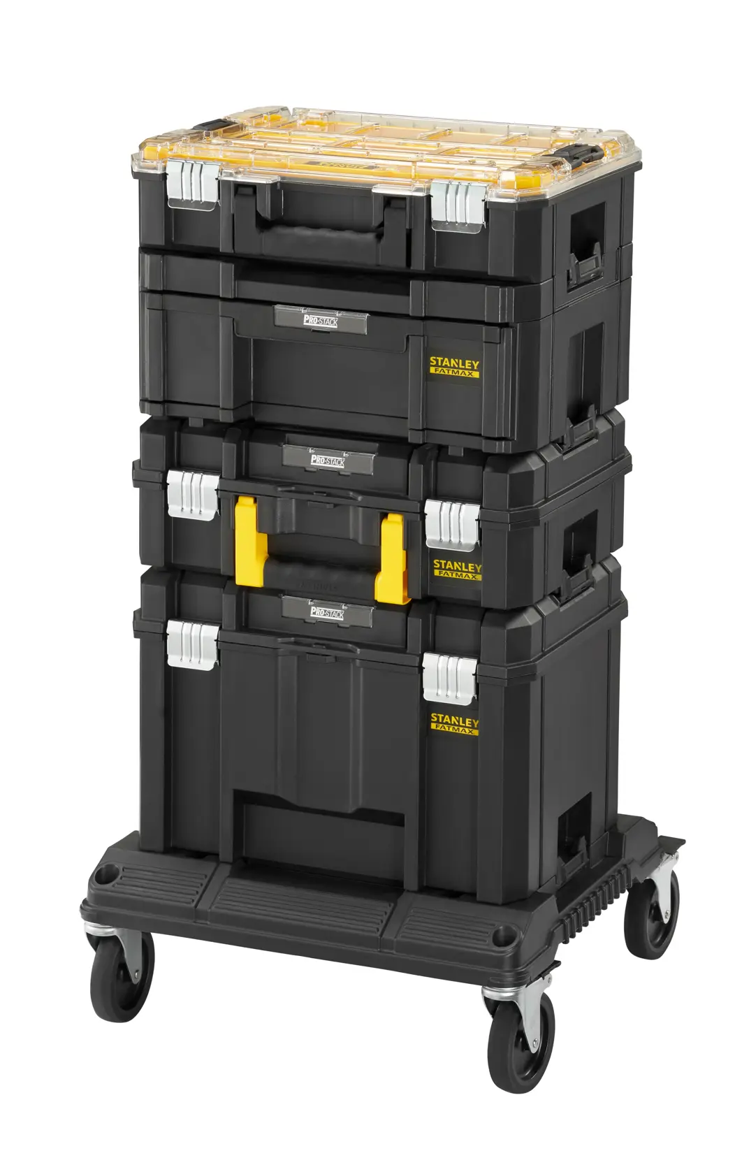STANLEY FMST1-80107 black modular rolling toolbox stack, photo from front on white background.