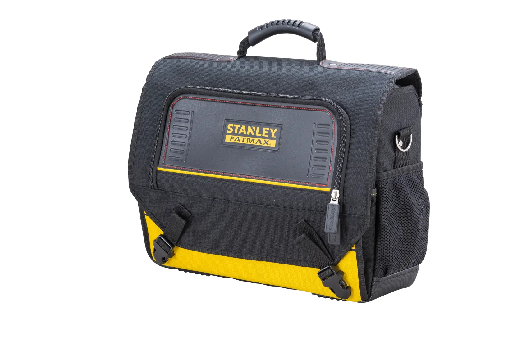 Stanley Fatmax black and yellow tool bag with handle, front pocket, and side mesh pocket.