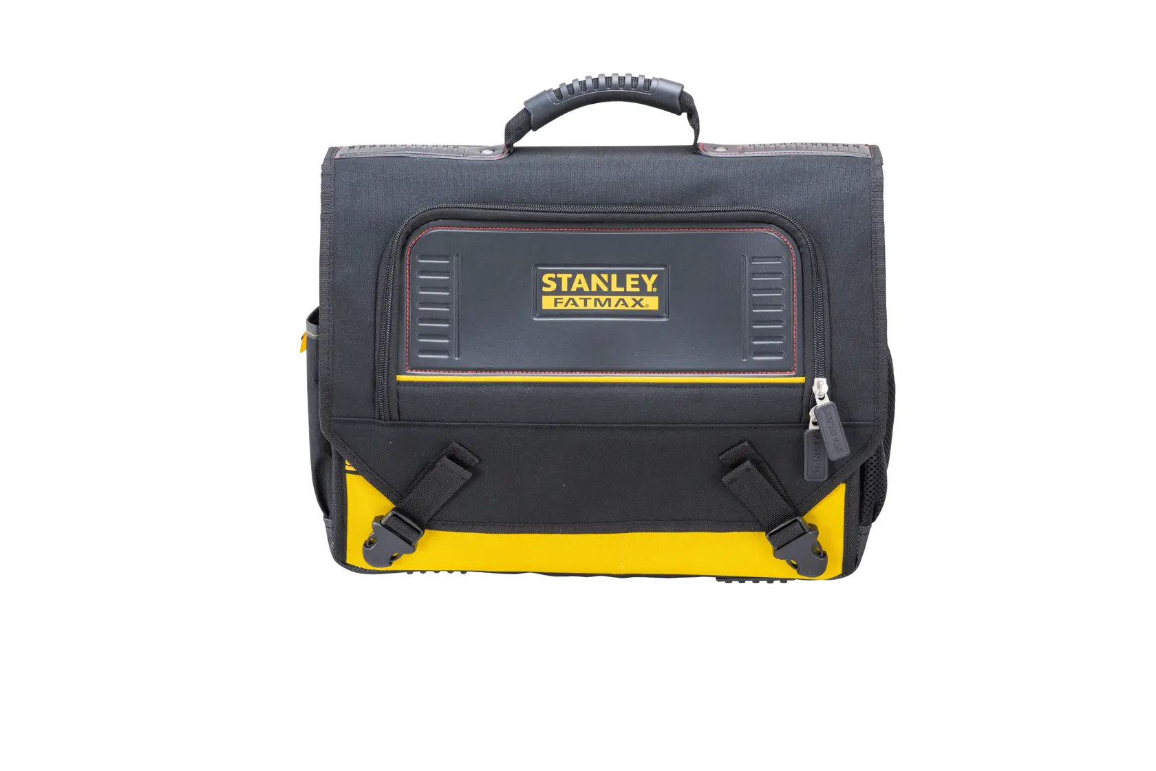 Front angle photo of STANLEY FMST1-80149 tool bag, black and yellow with top handle, FATMAX branding.