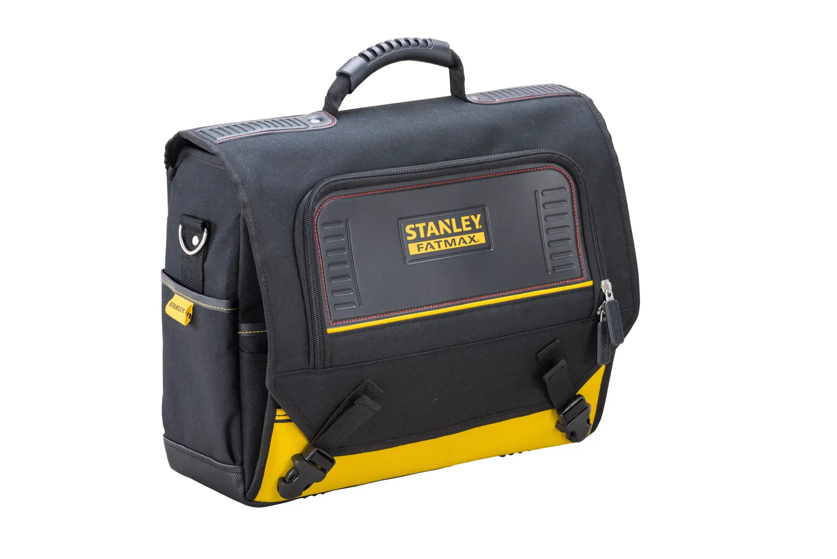 Photo of STANLEY FMST1-80149 tool bag, black and yellow, side angle, with handle and front flap.