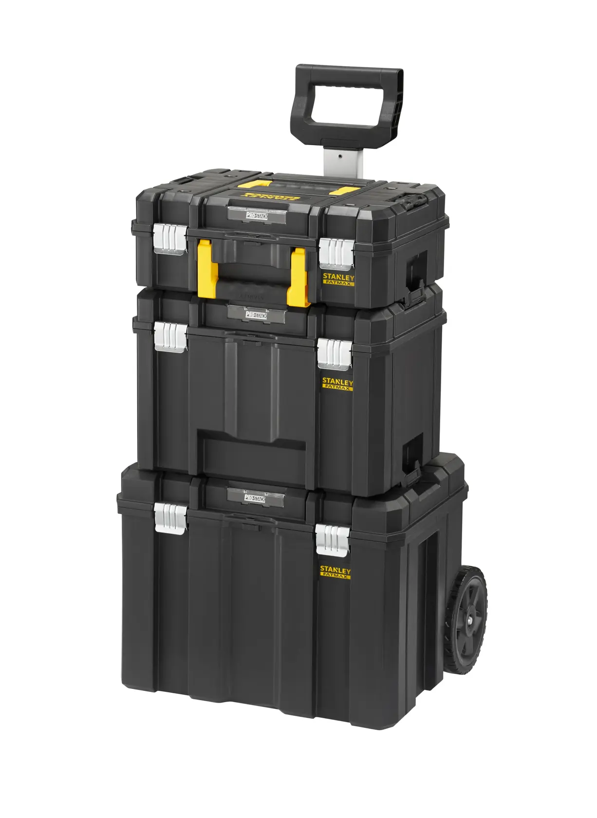 STANLEY FMST75753-9 stackable black tool box trolley with wheels and yellow latches, front angle photo.
